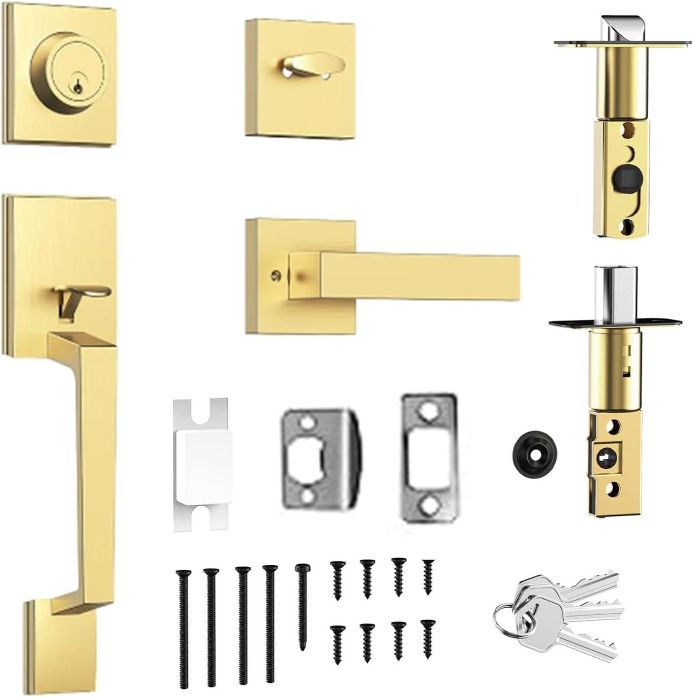 Front Door Lock Set - Exterior Door Handle Set with Deadbolt Door Lock Single Cylinder Interior Entry Handle with Lever Reversible Left & Right Gold