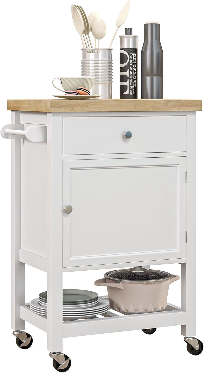 White Rolling Kitchen Cart with Rubberwood Butcher Block Top