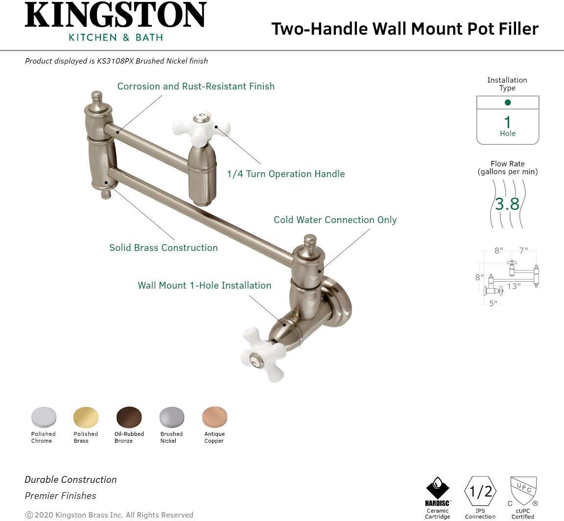 Kingston Brass Restoration Two-Handle 1-Hole Wall Mount Pot Filler Faucet