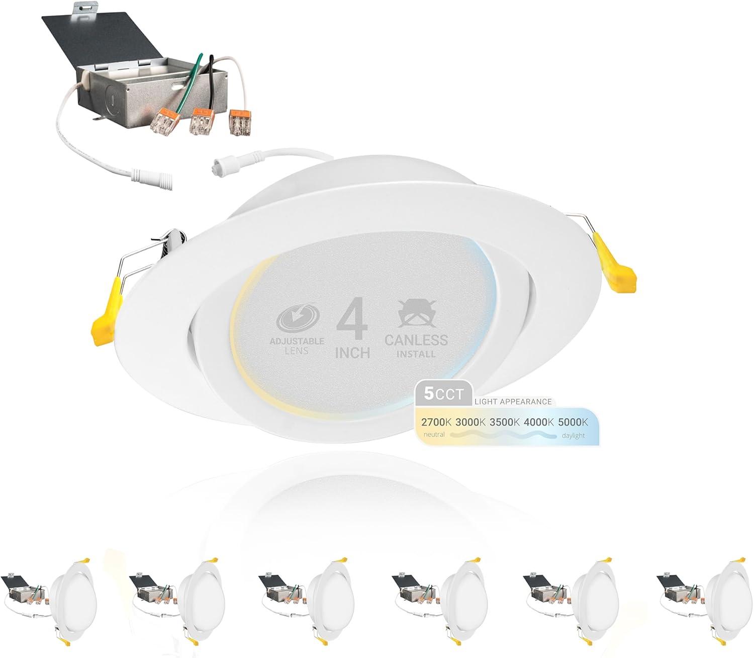 Adjustable Downlight 4'' Selectable Color Temperature Dimmable Air-Tight IC Rated LED Canless Recessed Lighting Kit