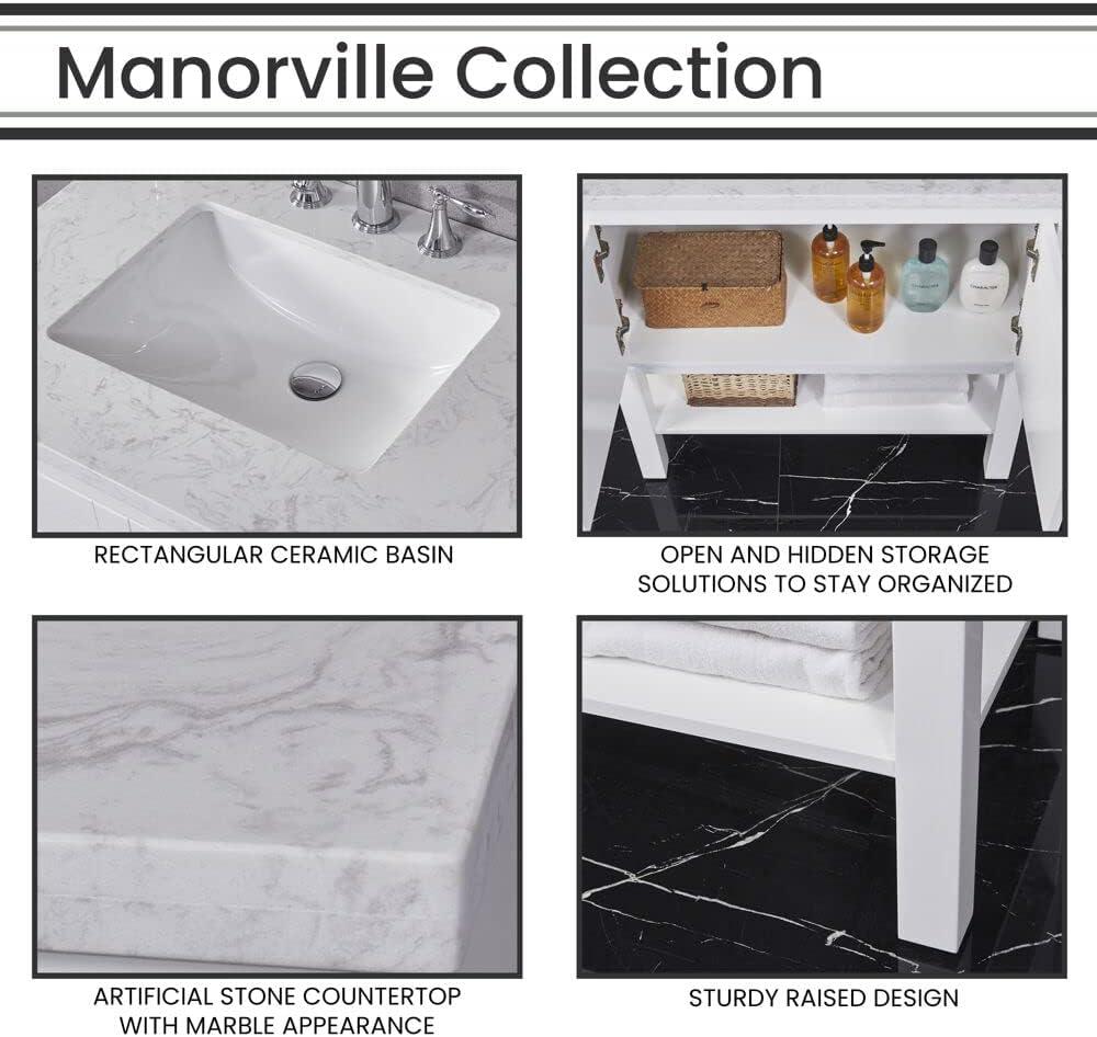 Hanover Manorville 31'' Vanity Cabinet with Sink Combo for Bathroom, Powder Room | Pre-Assembled Cabinet | Artificial Stone Marble Countertop, White Cabinet | HANVN0101-31-1WH