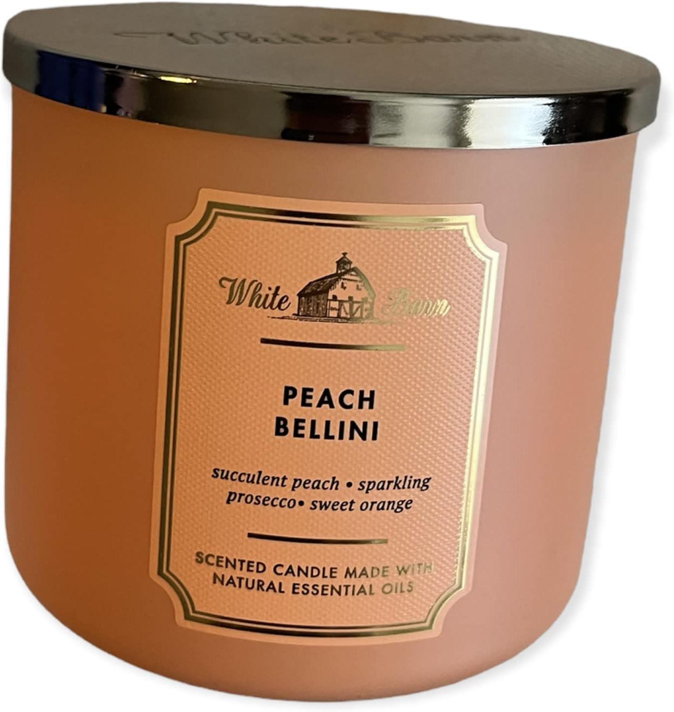 Bath and Body Works White Barn 3 Wick Scented Candle Peach Bellini with Essential Oils 14.5 Ounce