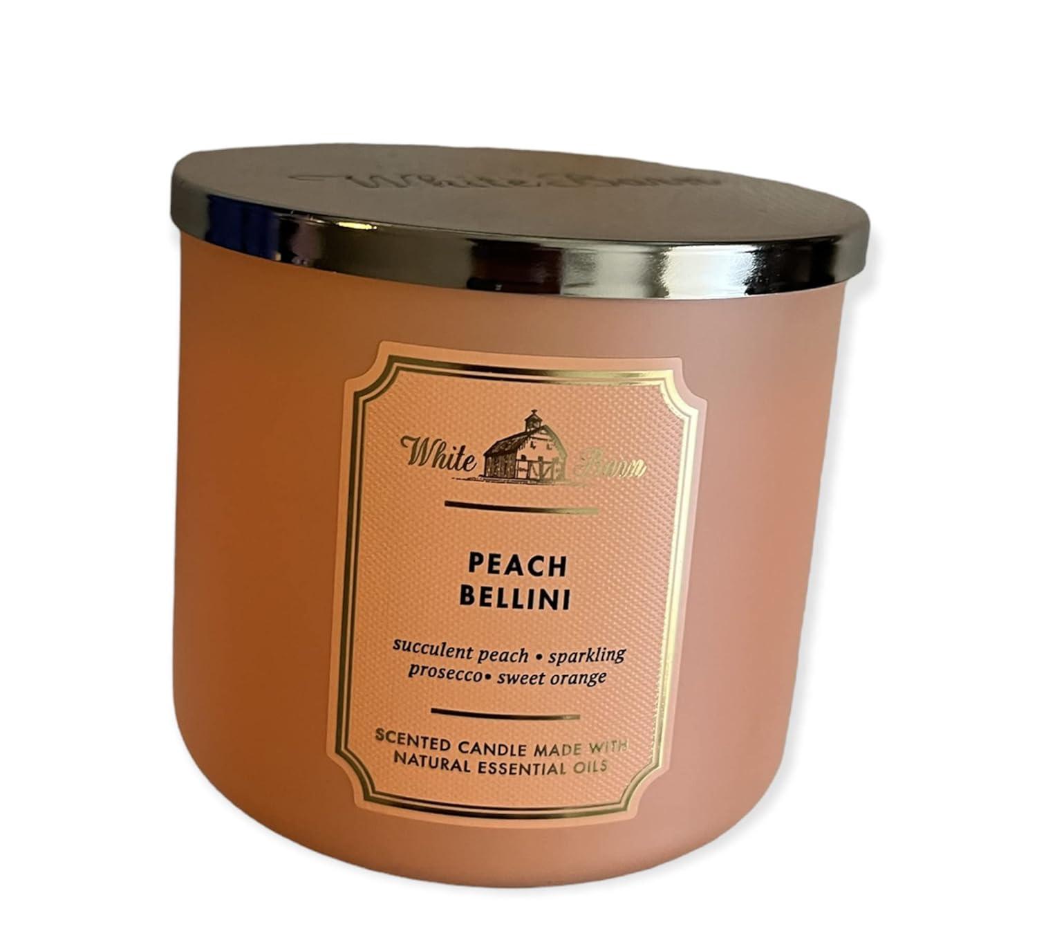 Bath and Body Works White Barn 3 Wick Scented Candle Peach Bellini with Essential Oils 14.5 Ounce