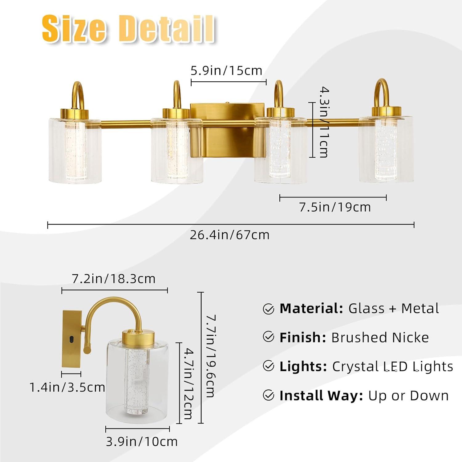 Litake 5 Light Brushed Gold Vanity Lights, Bathroom Light Fixtures Crystal Bubble Glass Dimmable 3 Color Temperatures Modern Wall Sconce for Bathroom Hallway Kitchen Bedroom Living Room