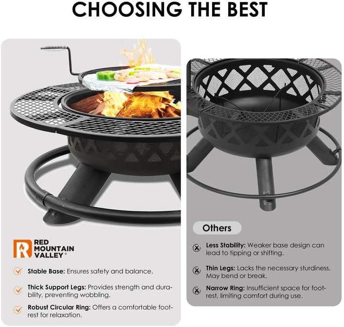 Red Mountain Valley Outdoor Fire Pit 47'' with Adjustable Grill, Outdoor Large Wood Burning BBQ Firepit Bowl, Bonfire Fire Pits with Cooking grates, 2-in-1 Steel Table for Backyard, Patio Picnic