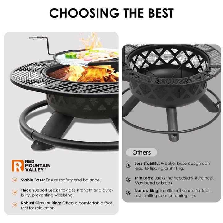 Red Mountain Valley Outdoor Fire Pit 47'' with Adjustable Grill, Outdoor Large Wood Burning BBQ Firepit Bowl, Bonfire Fire Pits with Cooking grates, 2-in-1 Steel Table for Backyard, Patio Picnic