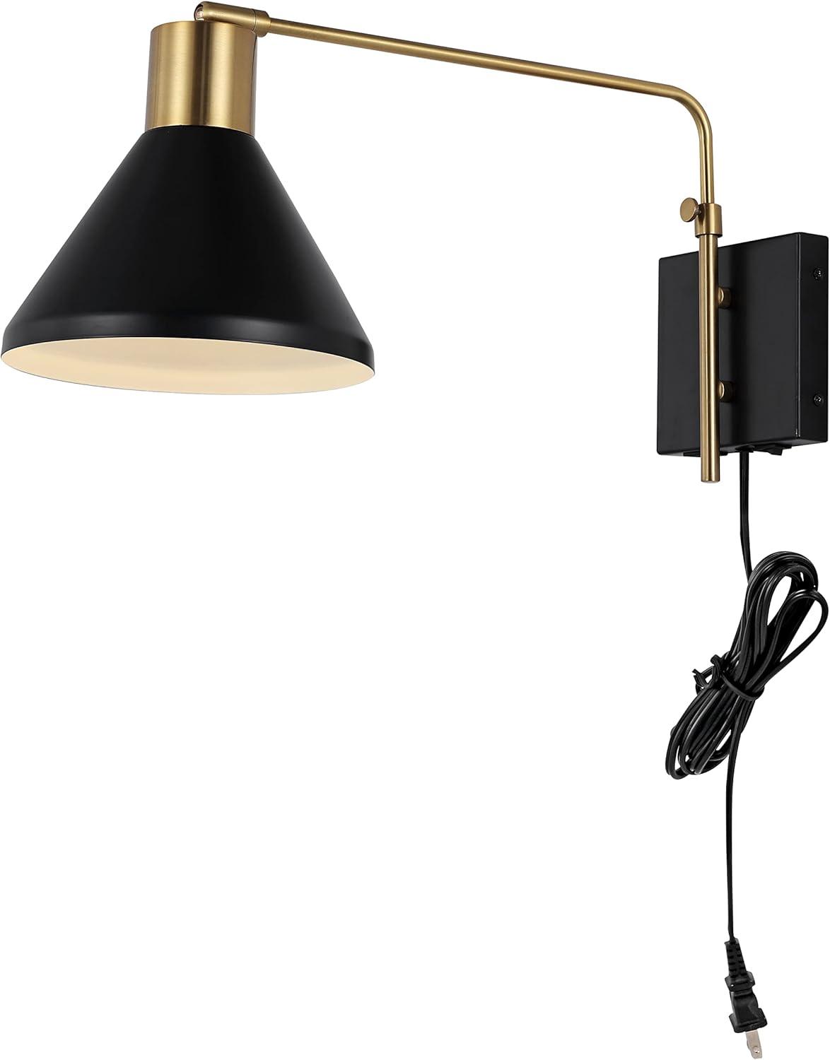 Max 20.5" Swing Arm 1-Light Modern Midcentury Iron USB Charging Port LED Sconce, Black/Brass Gold