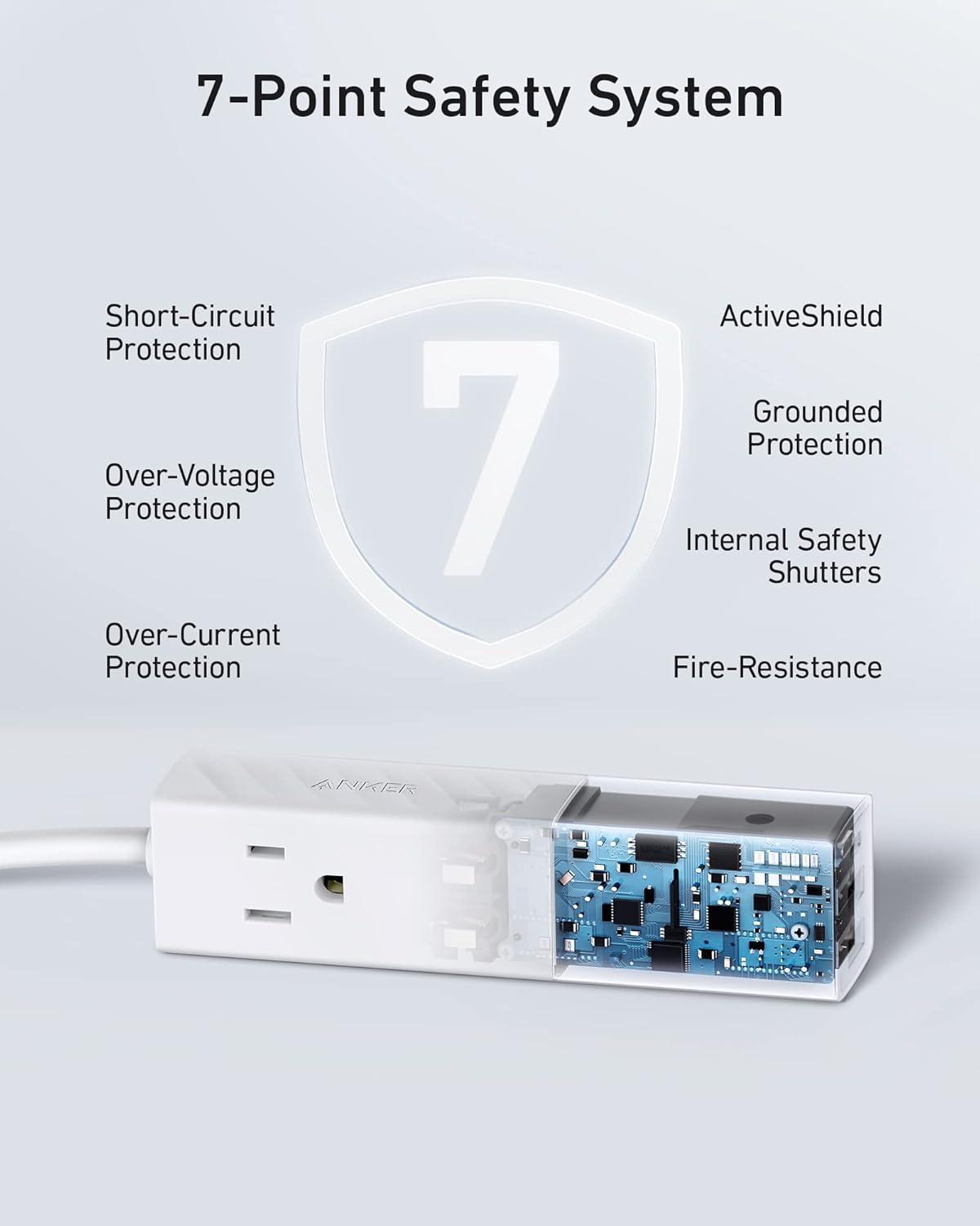 White Portable USB-C Power Strip with 2 Outlets and 3 USB Ports