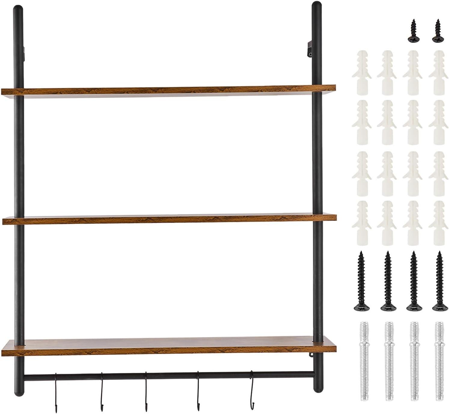 VEVOR Industrial Pipe Shelf, 3 Tier 32x9.84in, Wall-Mount Floating Rustic Wood Shelves Bracket Display Bookshelf, Storage Rack Sundries Holder for Kitchen Bedroom Bathroom Living Room, Black