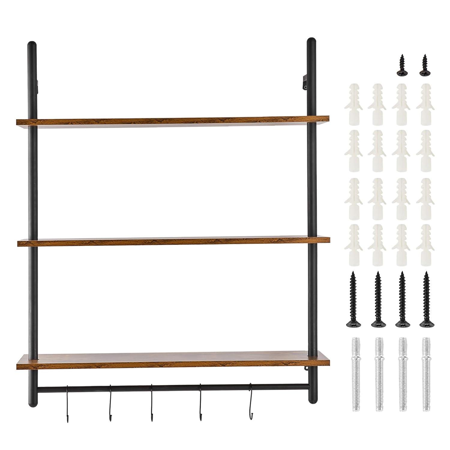 VEVOR Industrial Pipe Shelf, 3 Tier 32x9.84in, Wall-Mount Floating Rustic Wood Shelves Bracket Display Bookshelf, Storage Rack Sundries Holder for Kitchen Bedroom Bathroom Living Room, Black