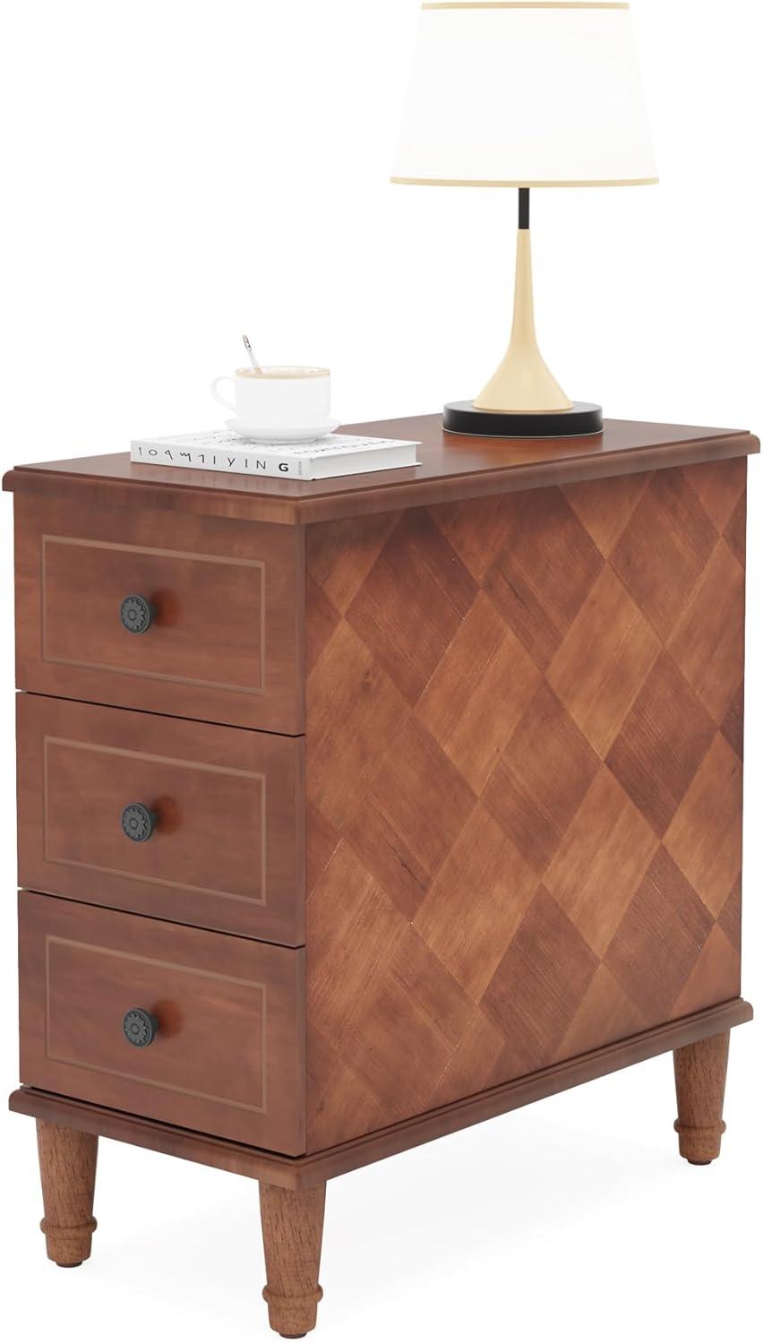 Hokku Designs Solid Wood End Table, Fully Assembled Narrow Side Table With Drawers, Pre-Assembled Nightstand Slim Bedside Table For Small Spaces, Living Room, Bedroom, Brown