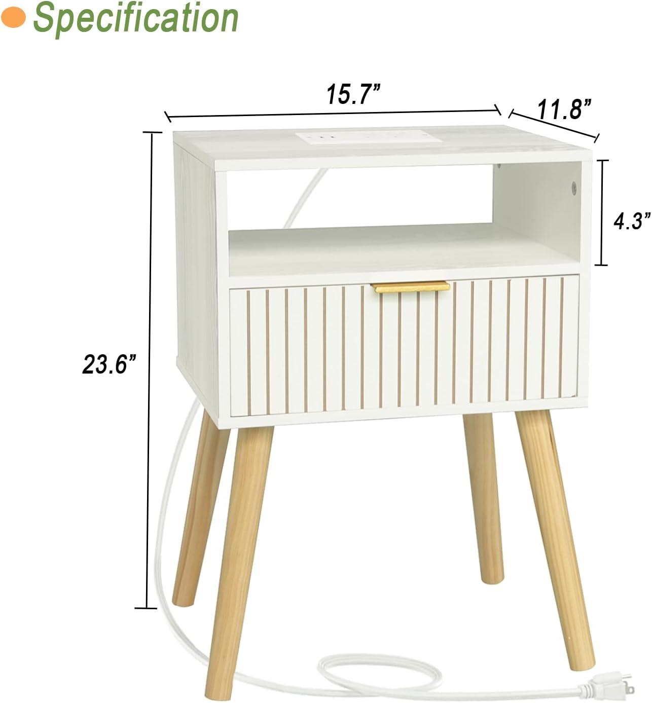 White Nightstand, Mid Century Modern Nightstand, Small Bedside Table End Table for Bedroom with 2-Tier Storage, White