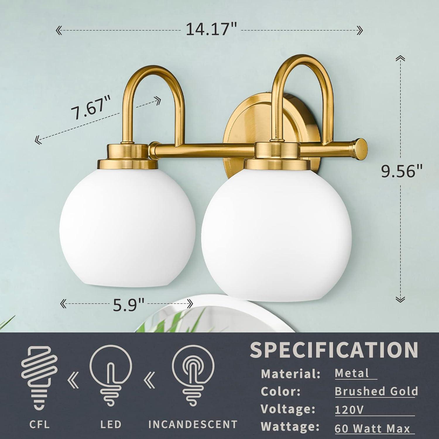 14.17 in. 2-Light Gold Vanity Light with Milk White Glass Shade, Suitable for Bathrooms Dining Room Powder Rooms