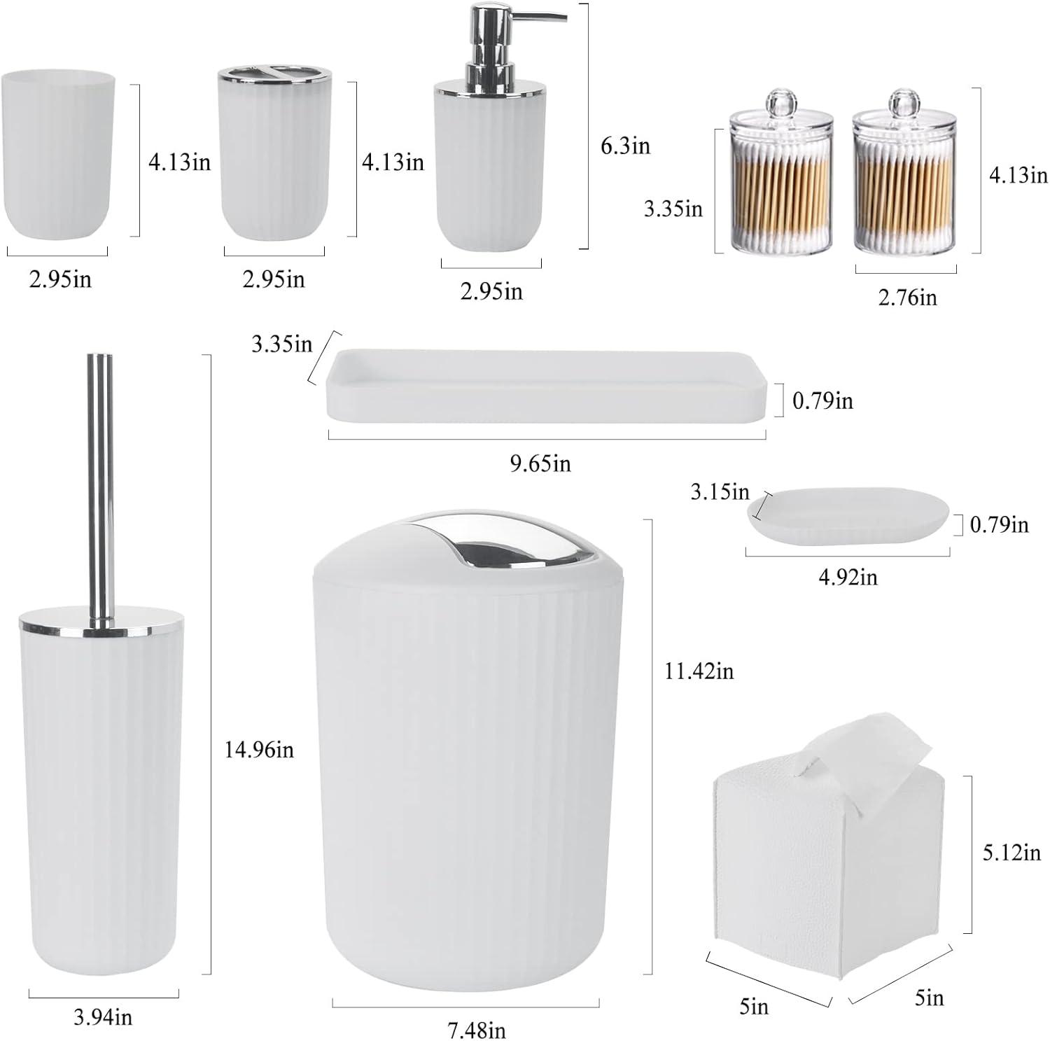 Bathroom Accessory Set - 10 PCS White Bathroom Accessories Sets Complete with Trash Can, Toothbrush Holder, Soap Dispenser, Soap Dish, Toilet Brush & Holder, Vanity Tray, Qtip Holder, Tissue Box Cover