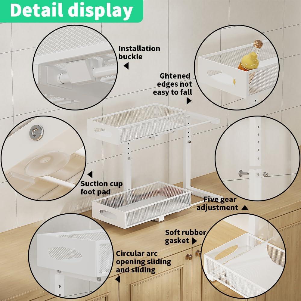 Sink Organizer, 2 Pack 2 Tier Sink Organizer and Storage, Slide-Out Pull-Out Cabinet Organizer, Sliding Metal Drawer for Home Kitchen, Bathroom, Pantry