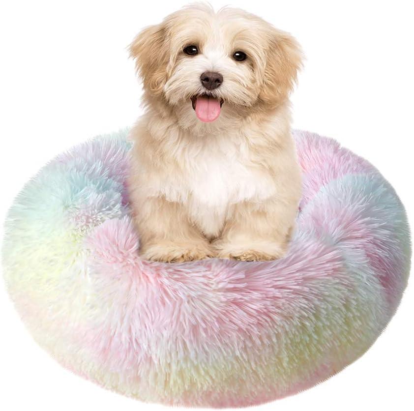 otoez Kitten Puppy Bed Extra Small XS Round Dog Cat Beds Anti Anxiety Plush Pet Calming Donut Bed with Non-Slip Waterproof Bottom, Washable (15.7", Rainbow)