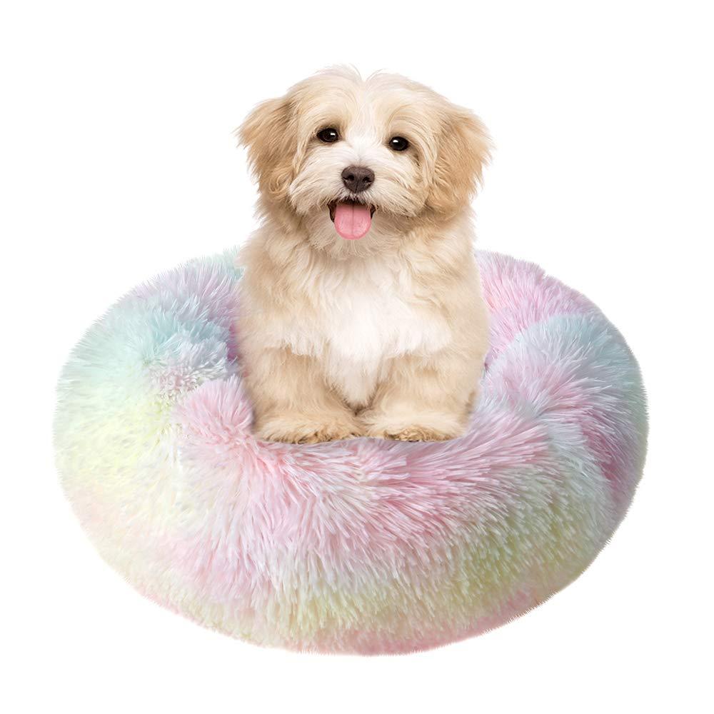 otoez Kitten Puppy Bed Extra Small XS Round Dog Cat Beds Anti Anxiety Plush Pet Calming Donut Bed with Non-Slip Waterproof Bottom, Washable (15.7", Rainbow)