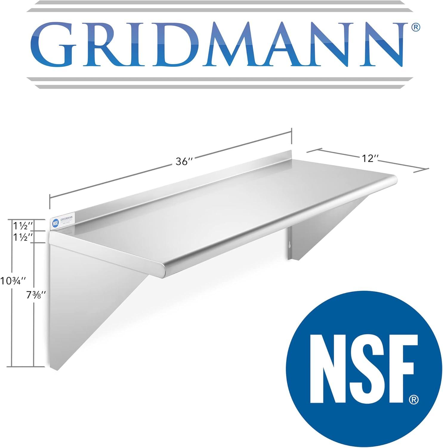 GRIDMANN 16 Gauge Stainless Steel Kitchen Wall Mount Shelves with Backsplash - NSF Certified