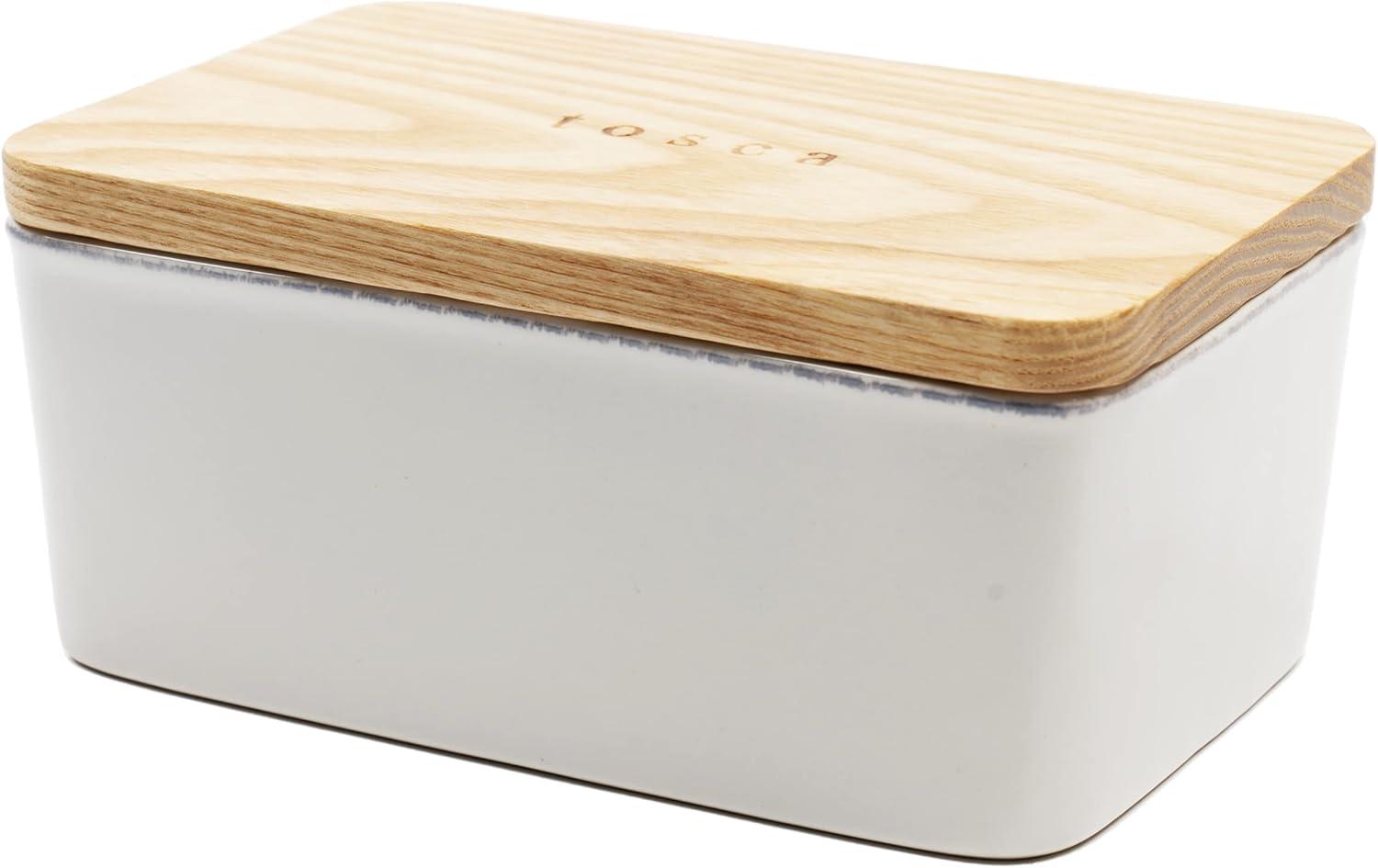 White Ceramic Butter Dish with Wooden Lid