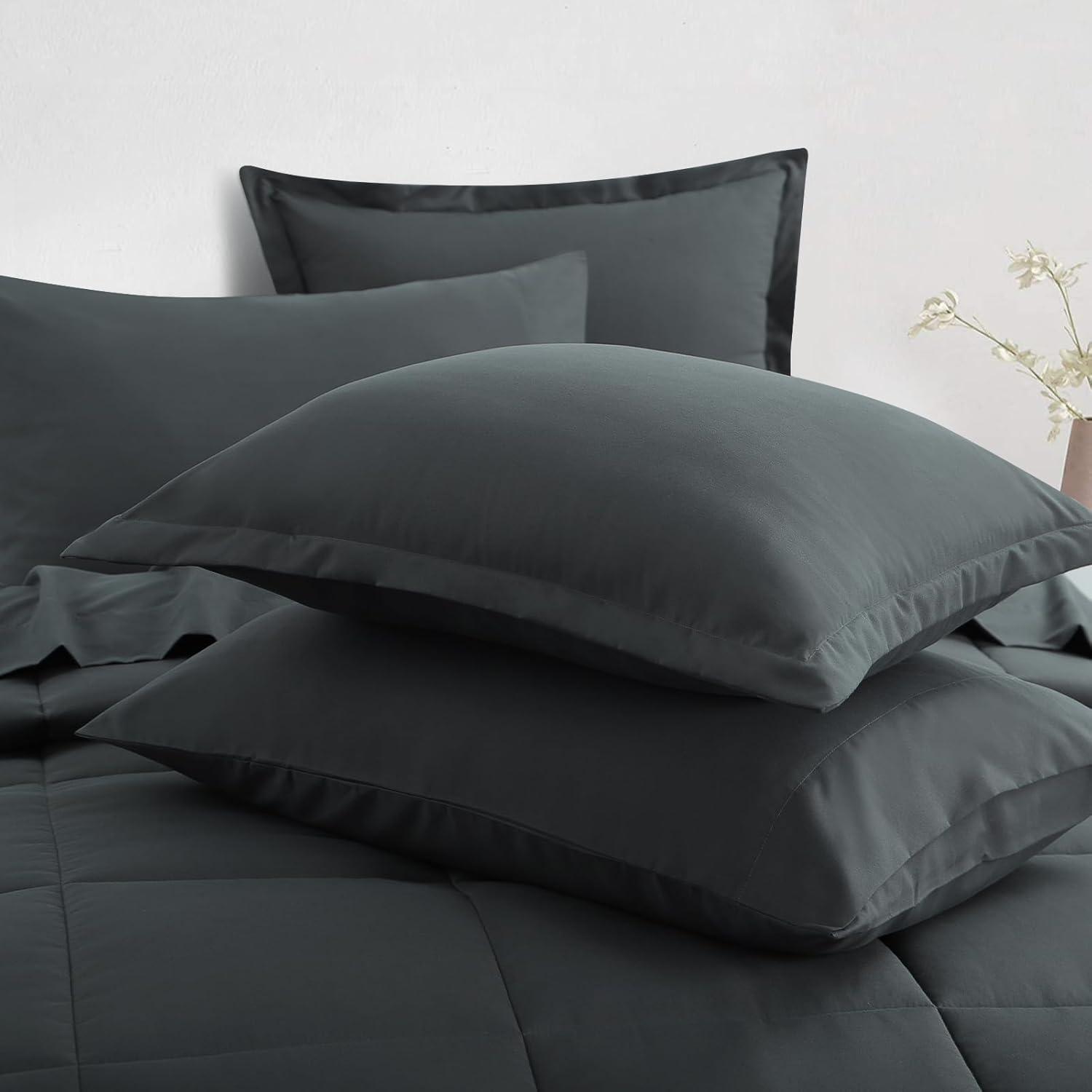 Queen Comforter Set - 7 Pieces Bed in a Bag Set Dark Grey, Bedding Sets Queen with All Season Quilted Comforter, Flat Sheet, Fitted Sheet, Pillowcases, Dark Gray, Queen