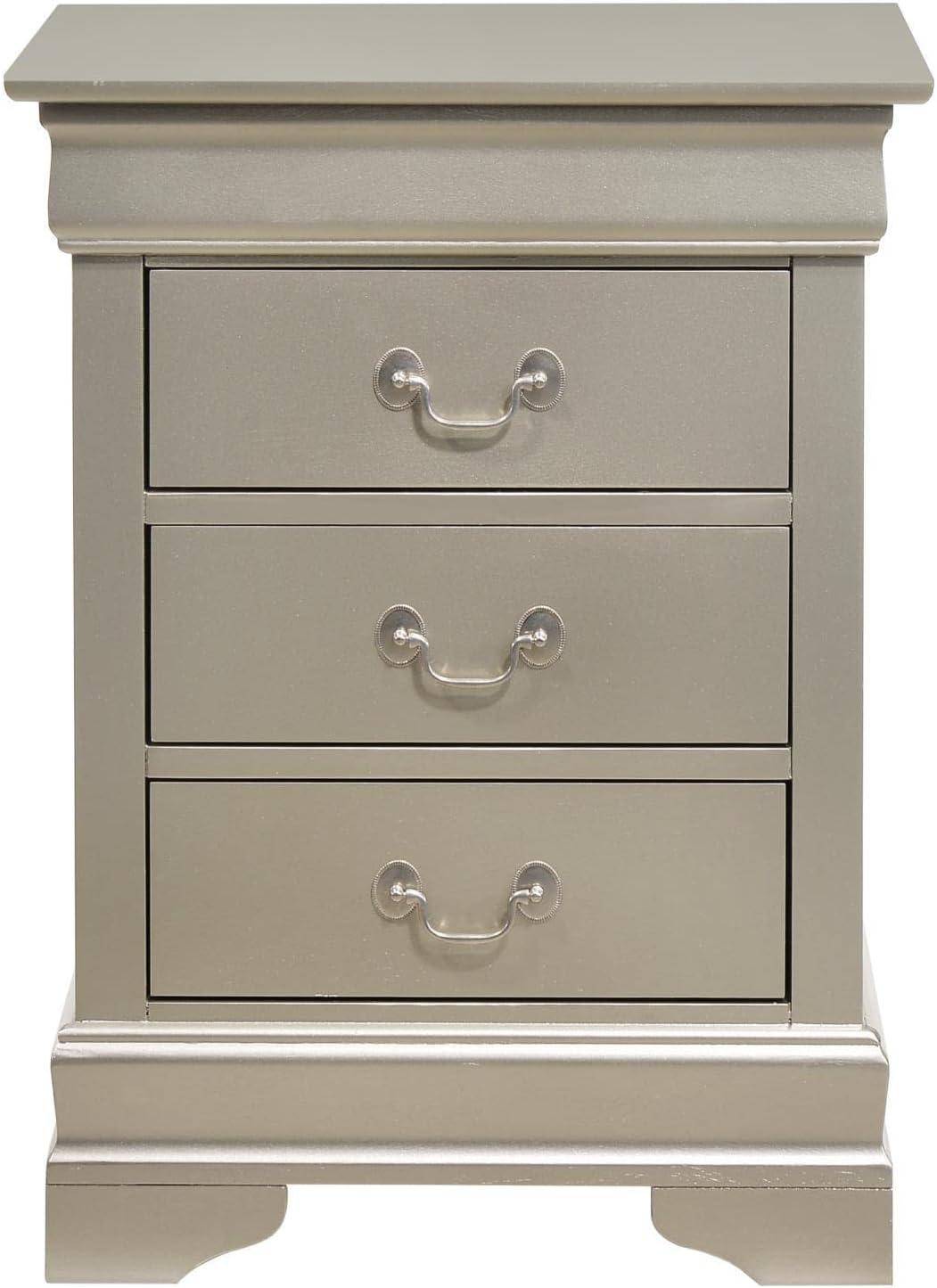 Glory Furniture Louis Phillipe 3 Drawer Nightstand in Silver Champagne