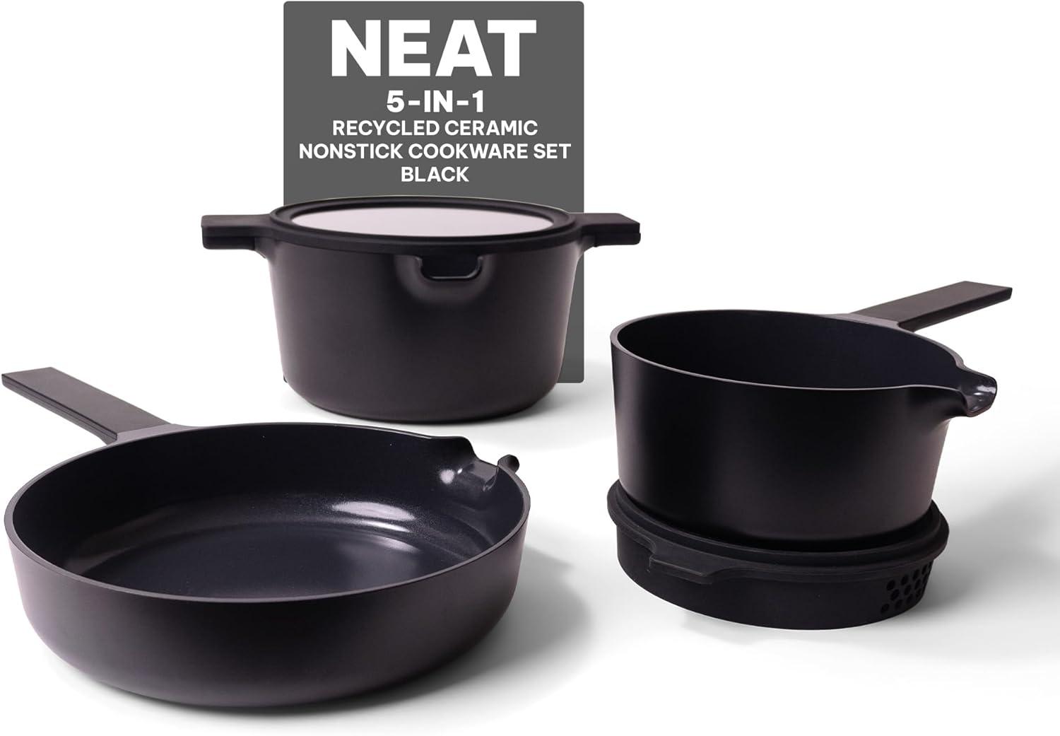 Alva Neat 5 in 1 Ceramic Nonstick Cookware Set All in One Space Saving Non Toxic Cookware PFAS, PFOA & PFTE Free, Frying Pan, Sauce Pan, Dutch Oven & Coaster, Pots and Pans Set for Cooking