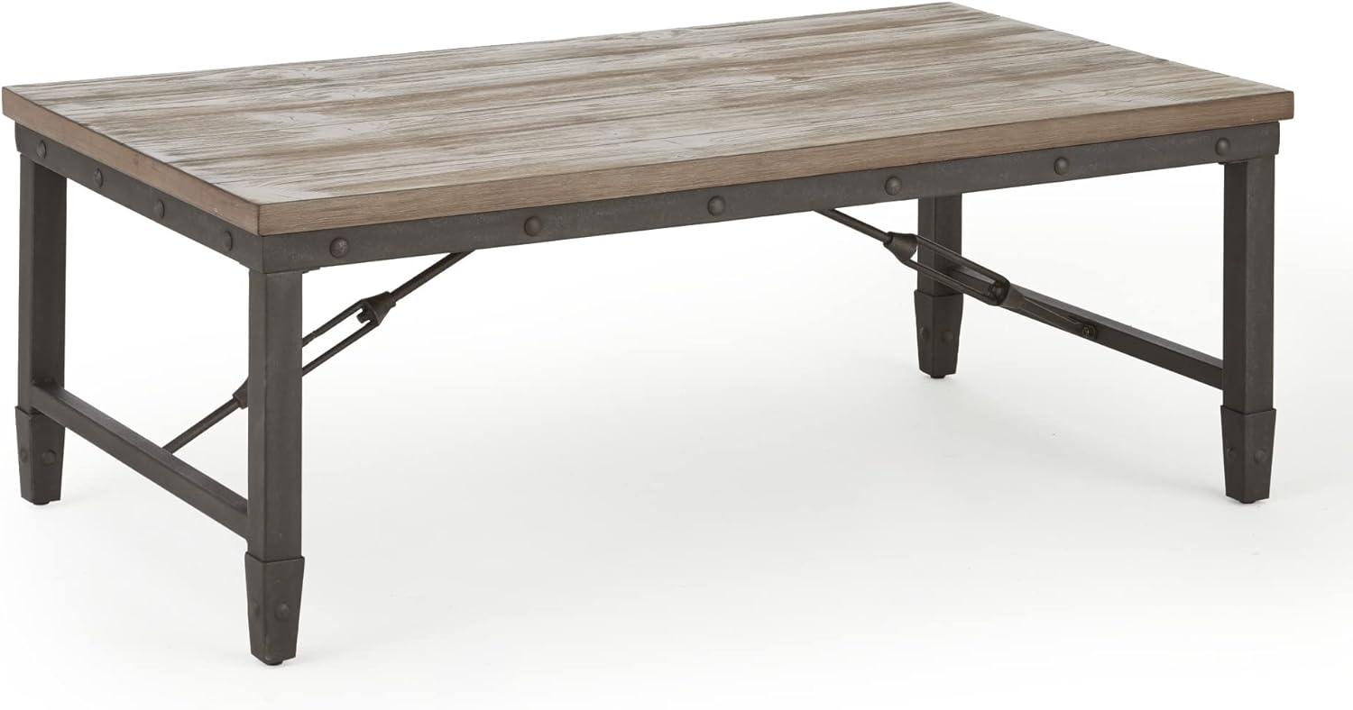 Riveted Antique Tobacco 48" Industrial Coffee Table with Plank-Effect Top