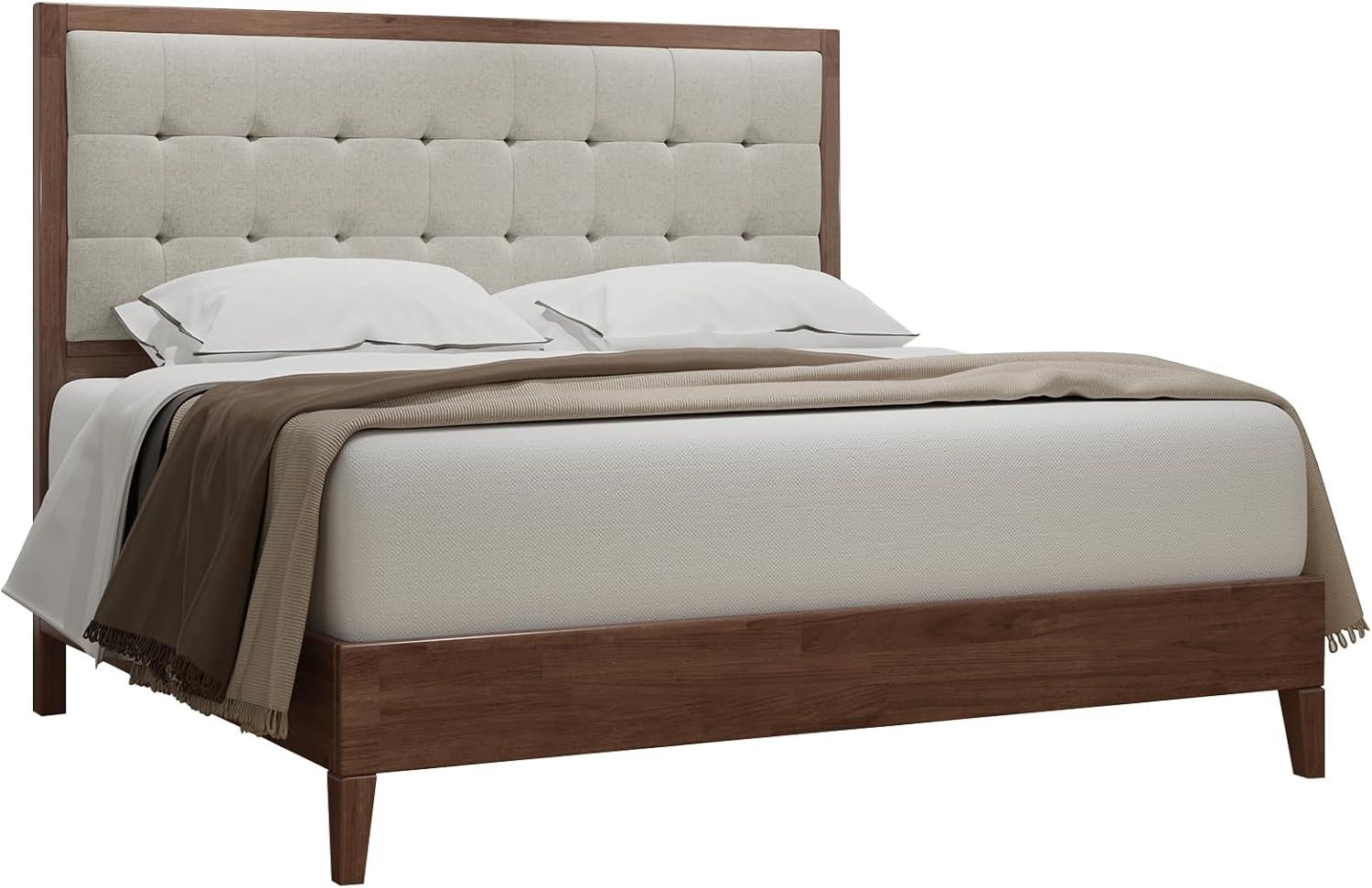 MERLUXY Solid Wood Platform Bed Frame Upholstered Tufted Headboard,Walnut,Full