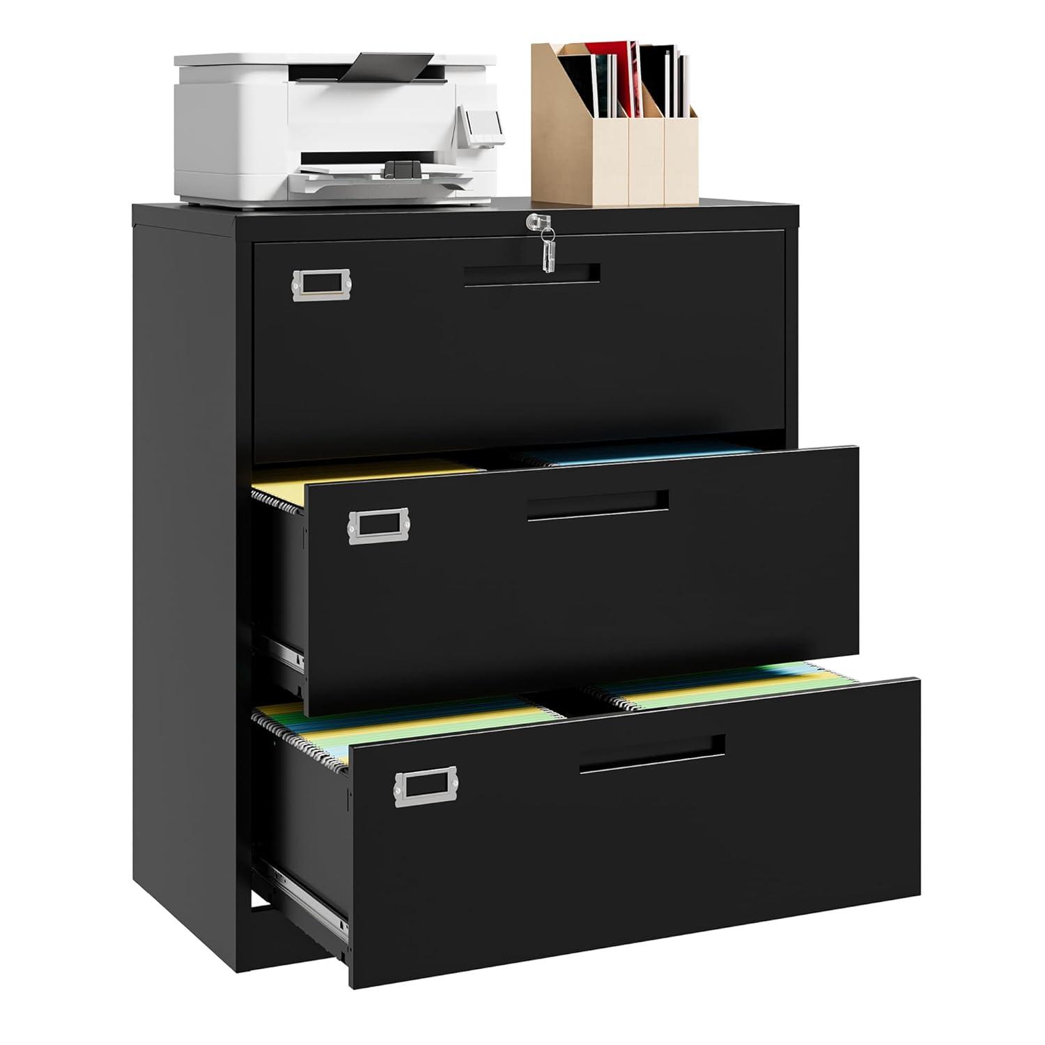 3 Drawer File Cabinet with Lock,Under Desk File Cabinet with Wheels,Black Rolling File Cabinet,Three Drawer Metal Filing Cabinet for Home Office,Fit A4/Letter/Legal File,Fully Assembled Except Casters