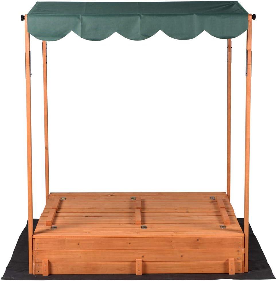 Wooden Outdoor Kids Sandbox Convertible Canopy Covered Sand Box Bench Seat Storage