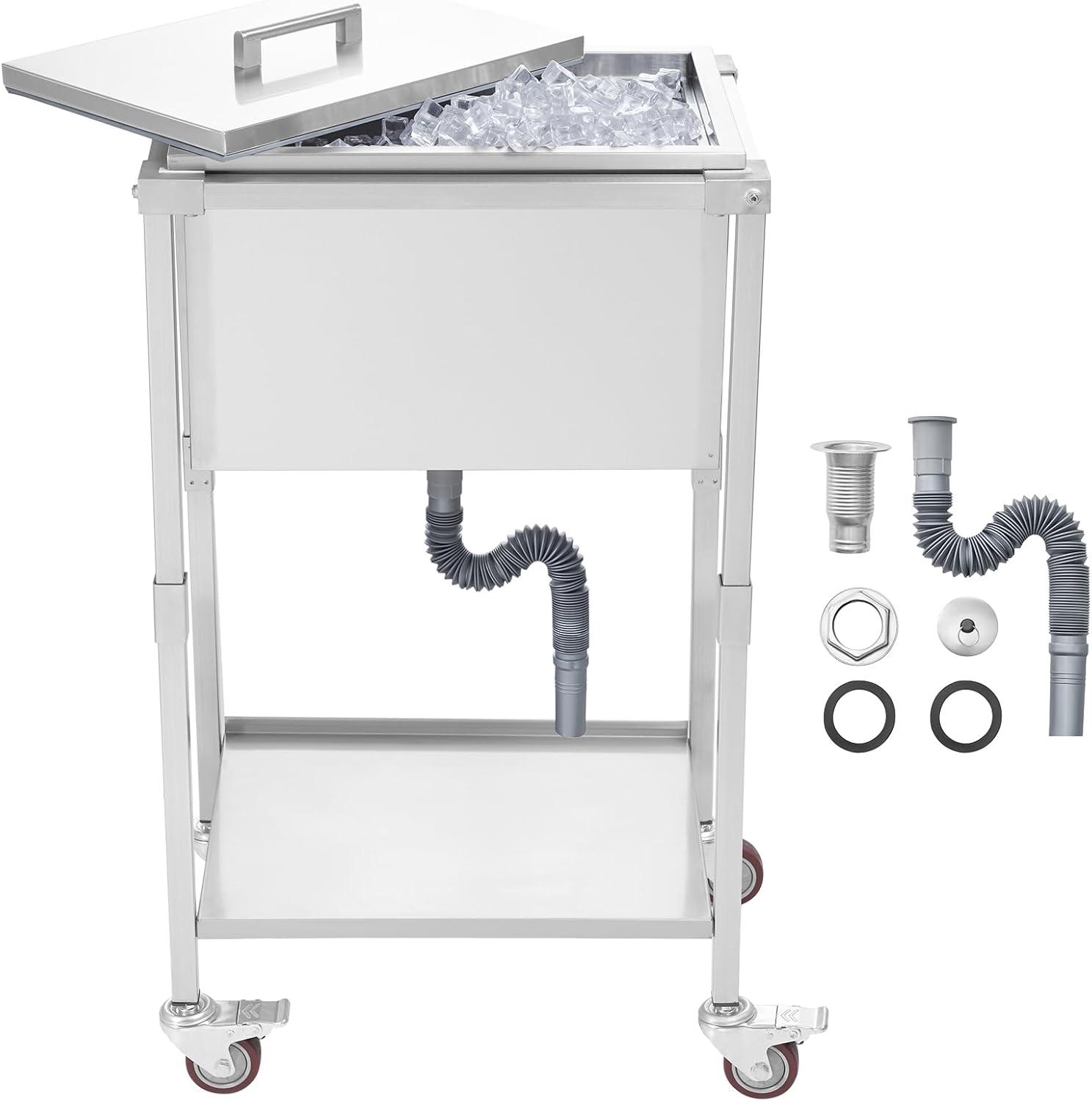 VEVOR 32qt Rolling Ice Chest Cooler Cart Outdoor Stand Up Cooling Bin on Wheels