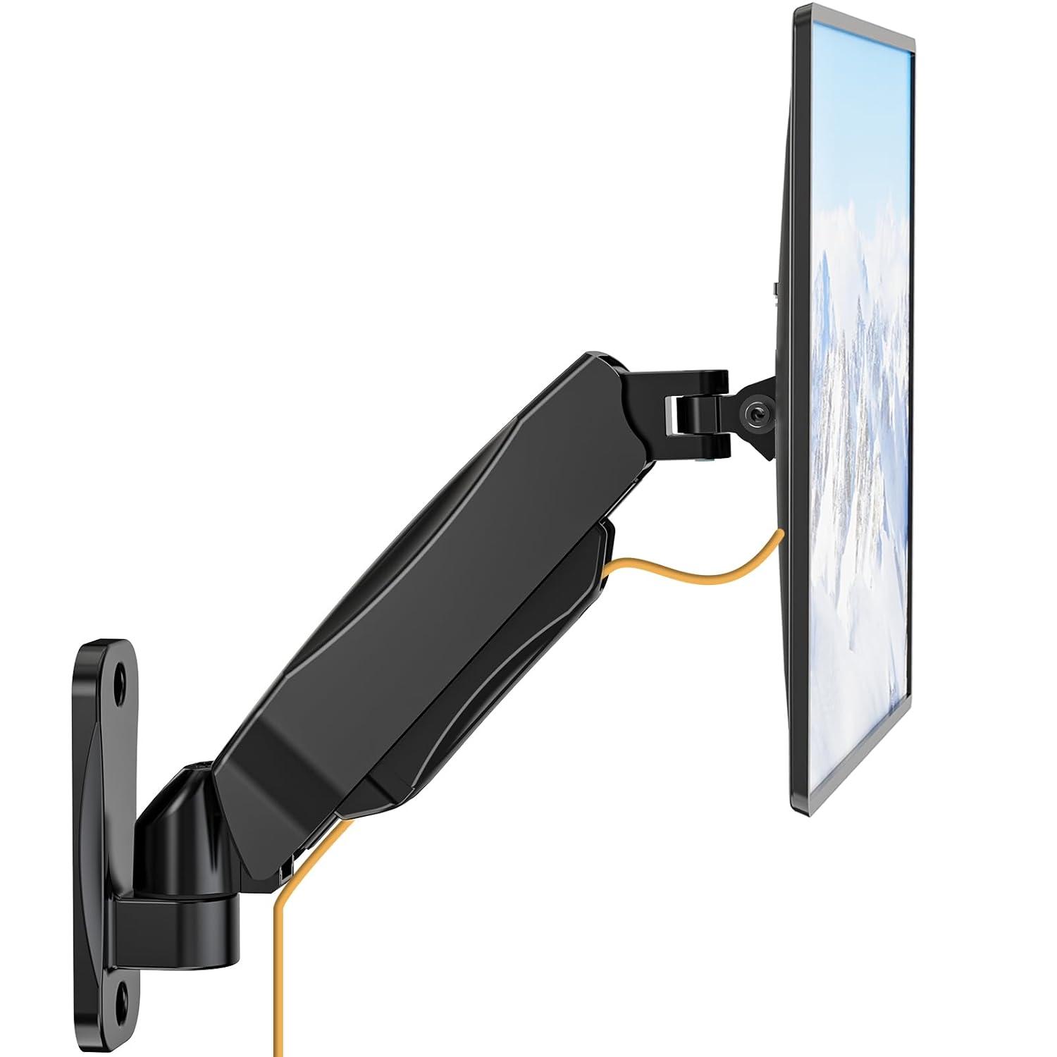 WALI Monitor Wall Mount, Computer Wall Mount Monitor Arm Fits 1 Screen up to 32 inch, Single Monitor Mount Holds up to 19.8lbs, Gas Spring Monitor Arm Max Extension 13.4 inch,(GSWM001S), Black