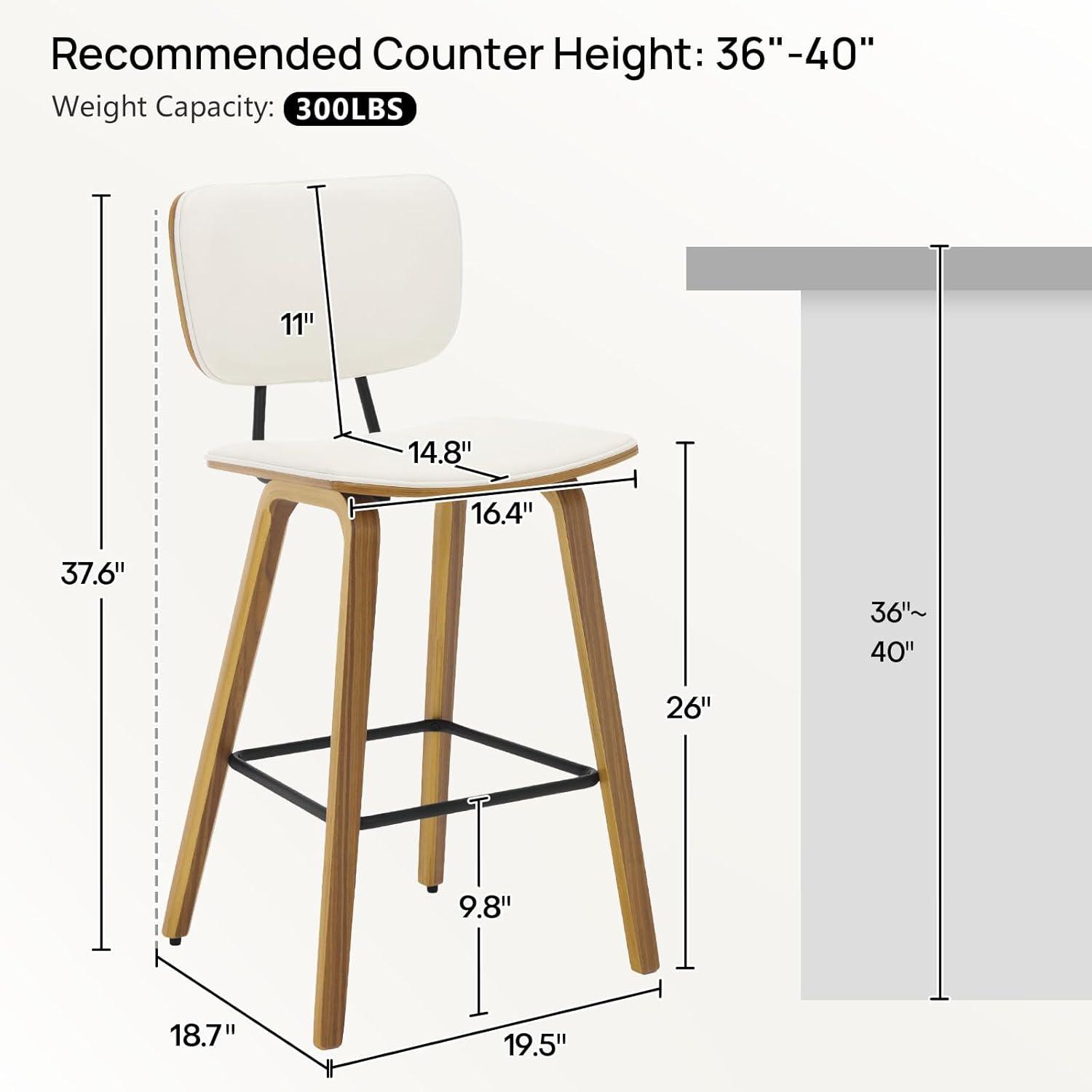 Cream PU Leather Upholstered Counter Stools with Walnut Wood Legs