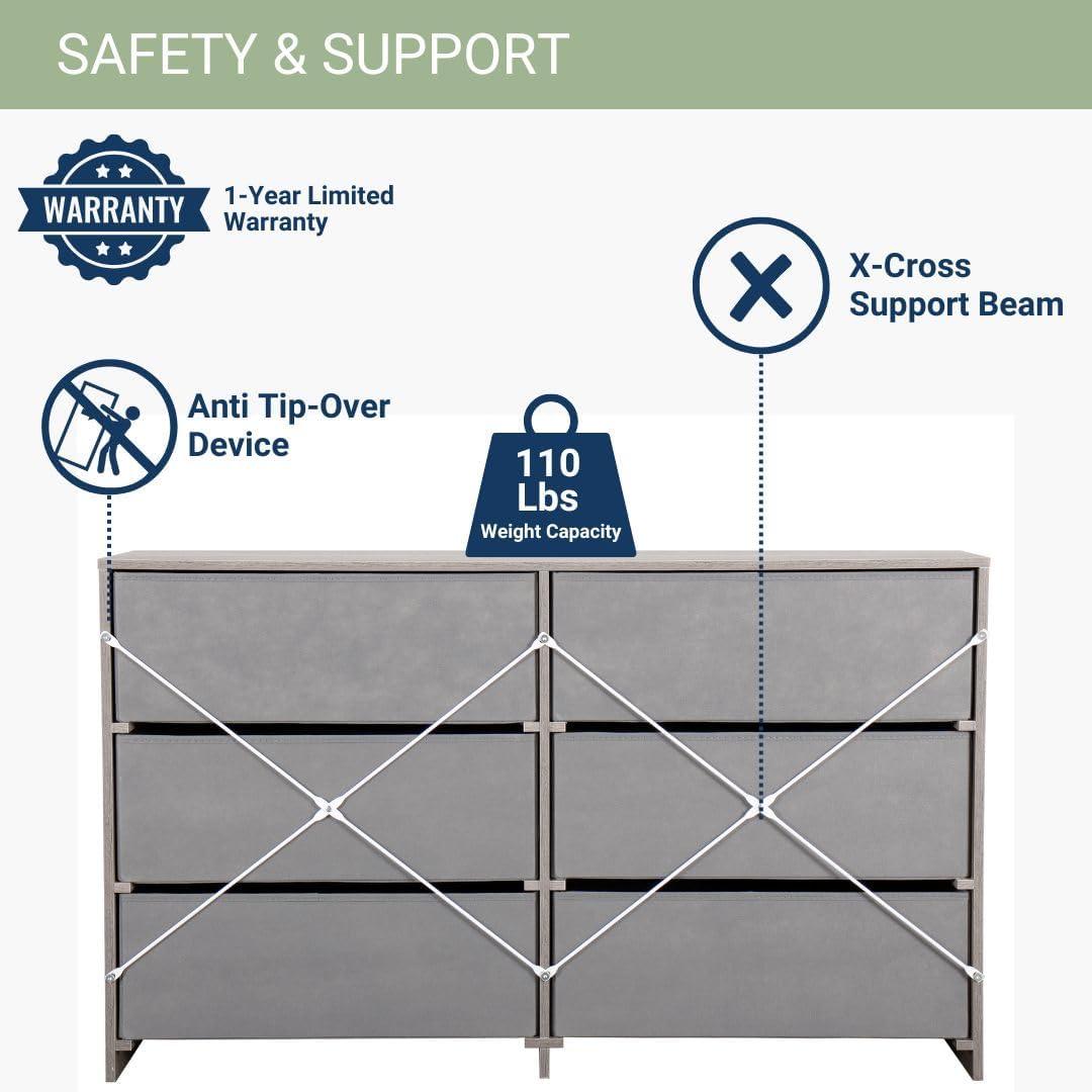 6-Drawer Dresser with Extra Large Fabric Bins, Wood Frame Storage Organizer for Bedroom, Living Room, or Hallway, Versatile Design Doubles as a TV Stand, Ideal for Home Organization, Grey