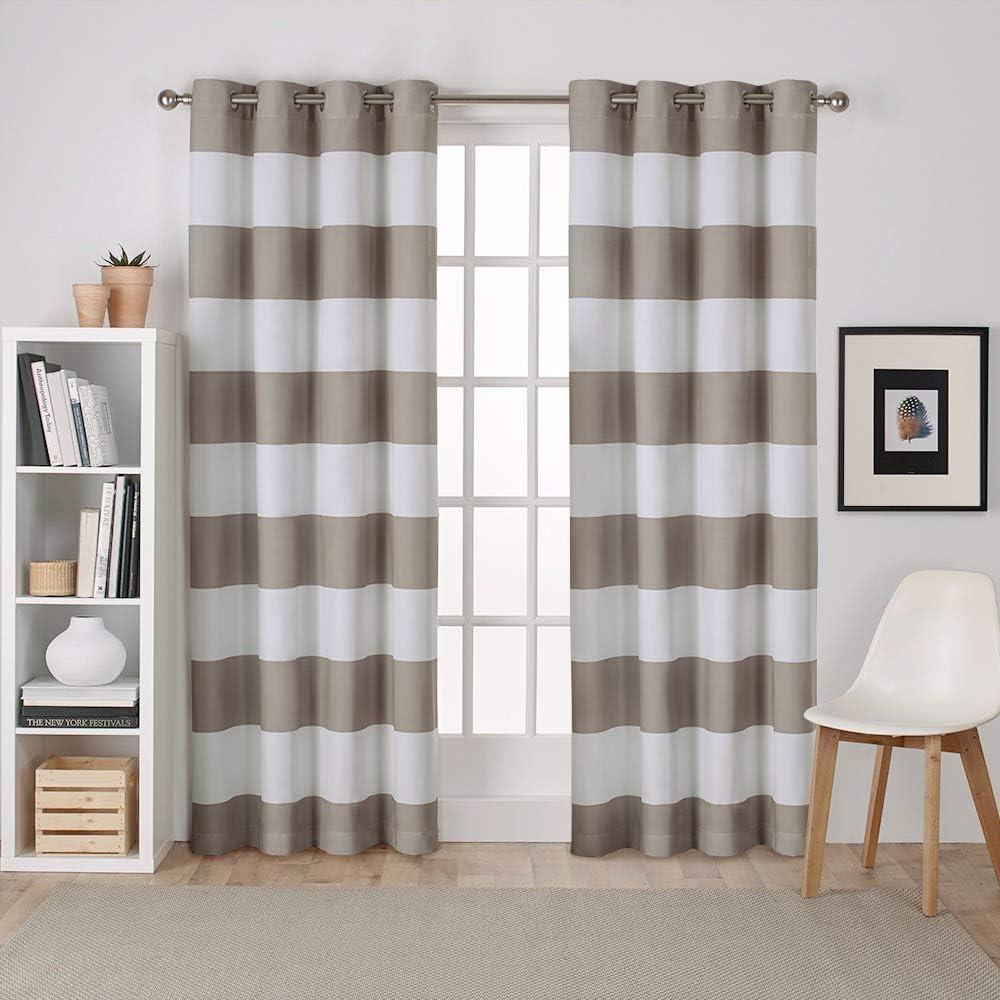 Taupe and White Cotton-Polyester Cabana Stripe Grommet Curtains