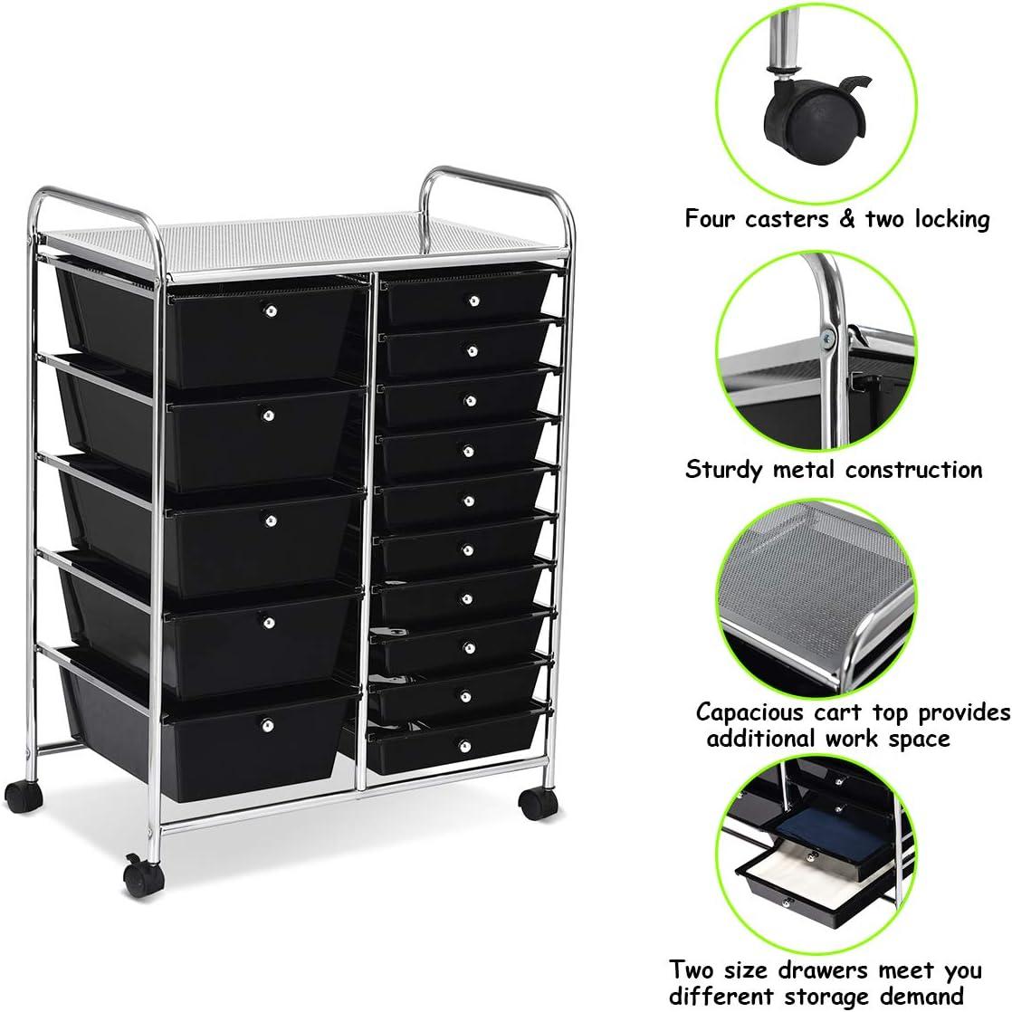 15-drawer Utility Organizer Rolling Cart with Wheels Black