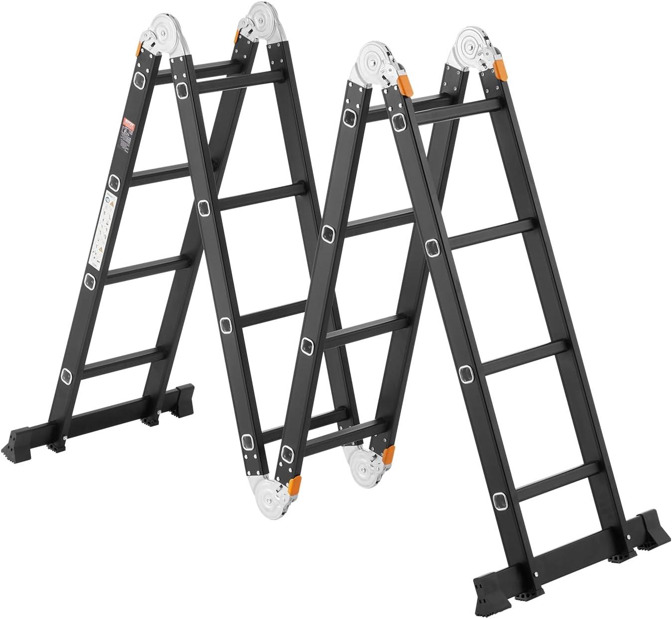 VEVOR Escalera Plegable Multiusos, Escalera de Extensión 7 en 1 de Altura, un Marco de 4 Escalones con Escalera Telescópica con Tablón de Andamio, Altura de Alcance de 15,5 Pies para Trabajo Pesado, Capacidad de 330 Libras para el Hogar Al Aire Libre