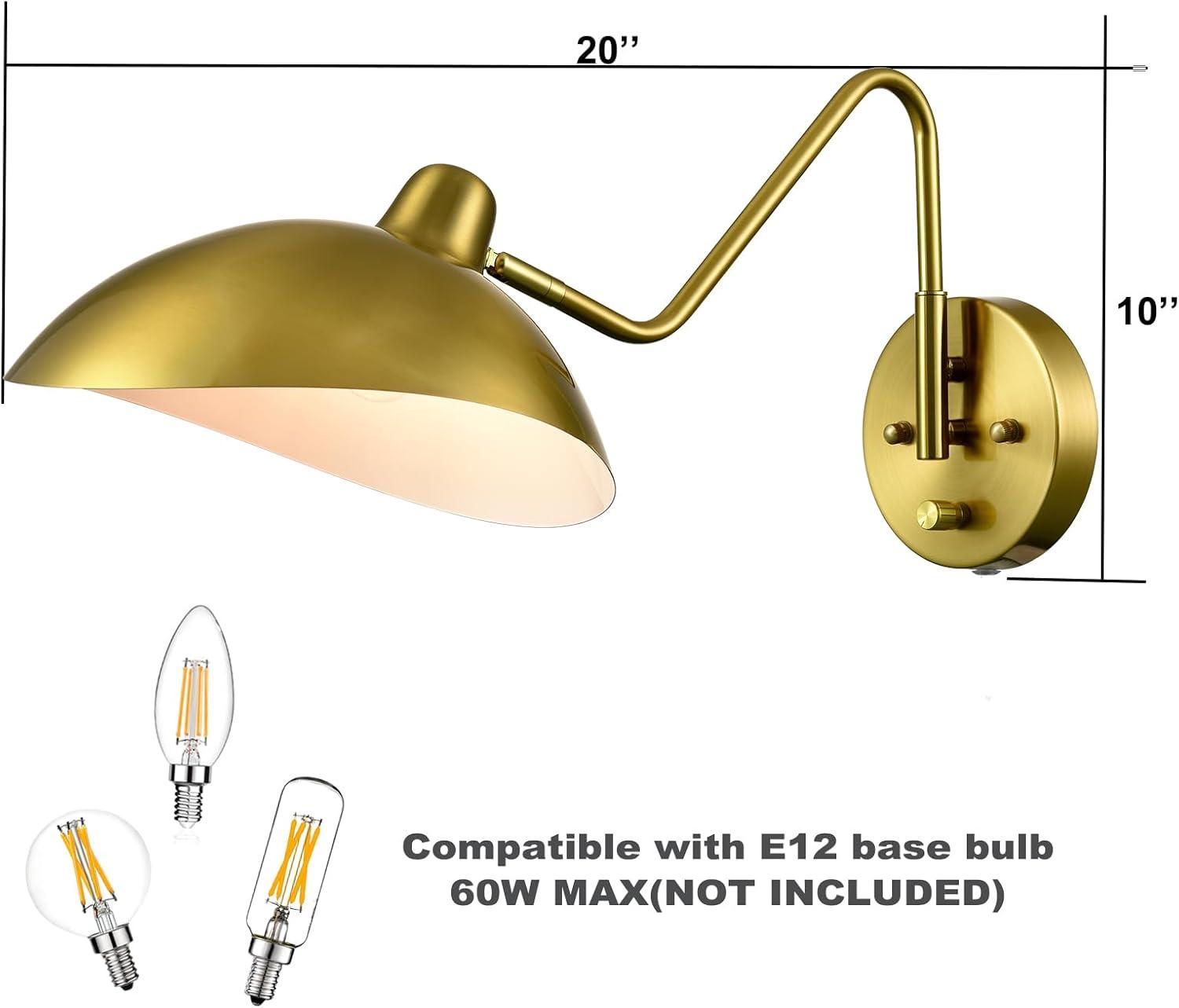 Plug-in Wall Sconce Gold Swing Arm Wall Sconce Brass Wall Lamp with on/Off Switch for Bedroom Set of 2