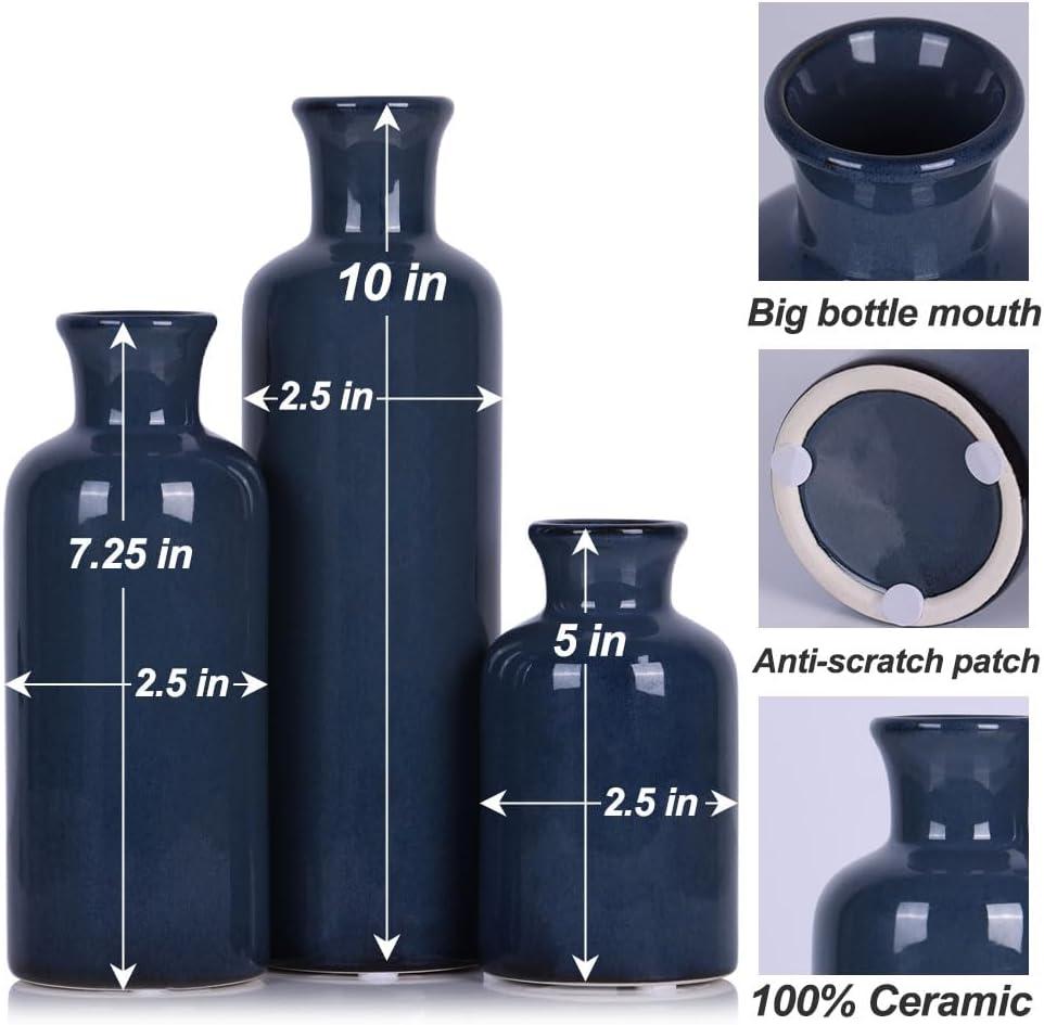 Blue Ceramic Vase Set for 3 - Modern Waterproof Small Vases, Farmhouse Country Home Decor, Living Room, Table, Fireplace, and Entrance Centerpieces