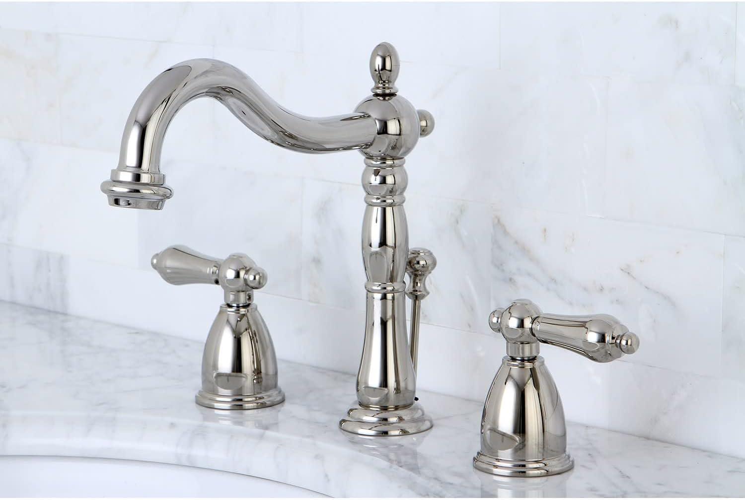 Kingston Brass Heritage Two-Handle 3-Hole Deck Mount Widespread Bathroom Faucet with Pop-Up Drain