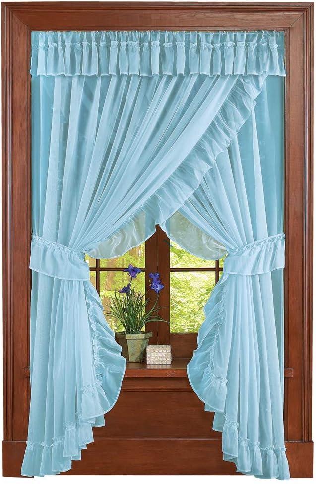 Isabella Ruffled Sheer Fabric Rod Pocket Window Curtain Set, Blue