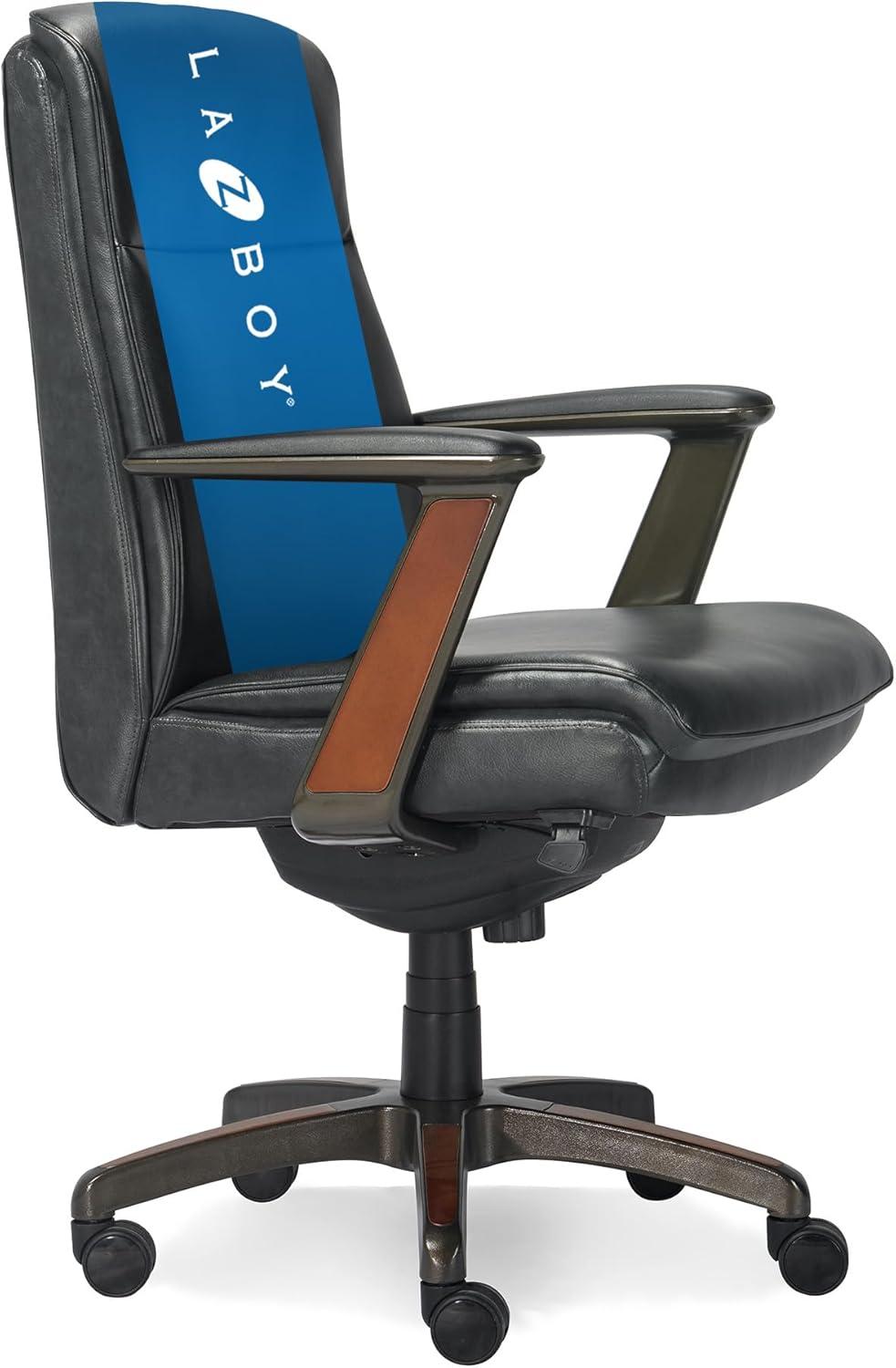 Executive High-Back Black Leather Swivel Office Chair with Wood Accents