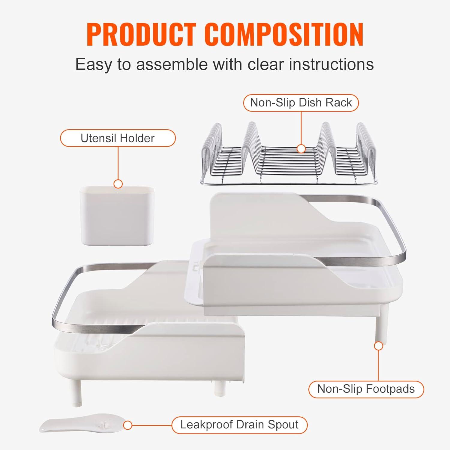 Expandable White and Stainless Steel Dish Drying Rack with Utensil Cup