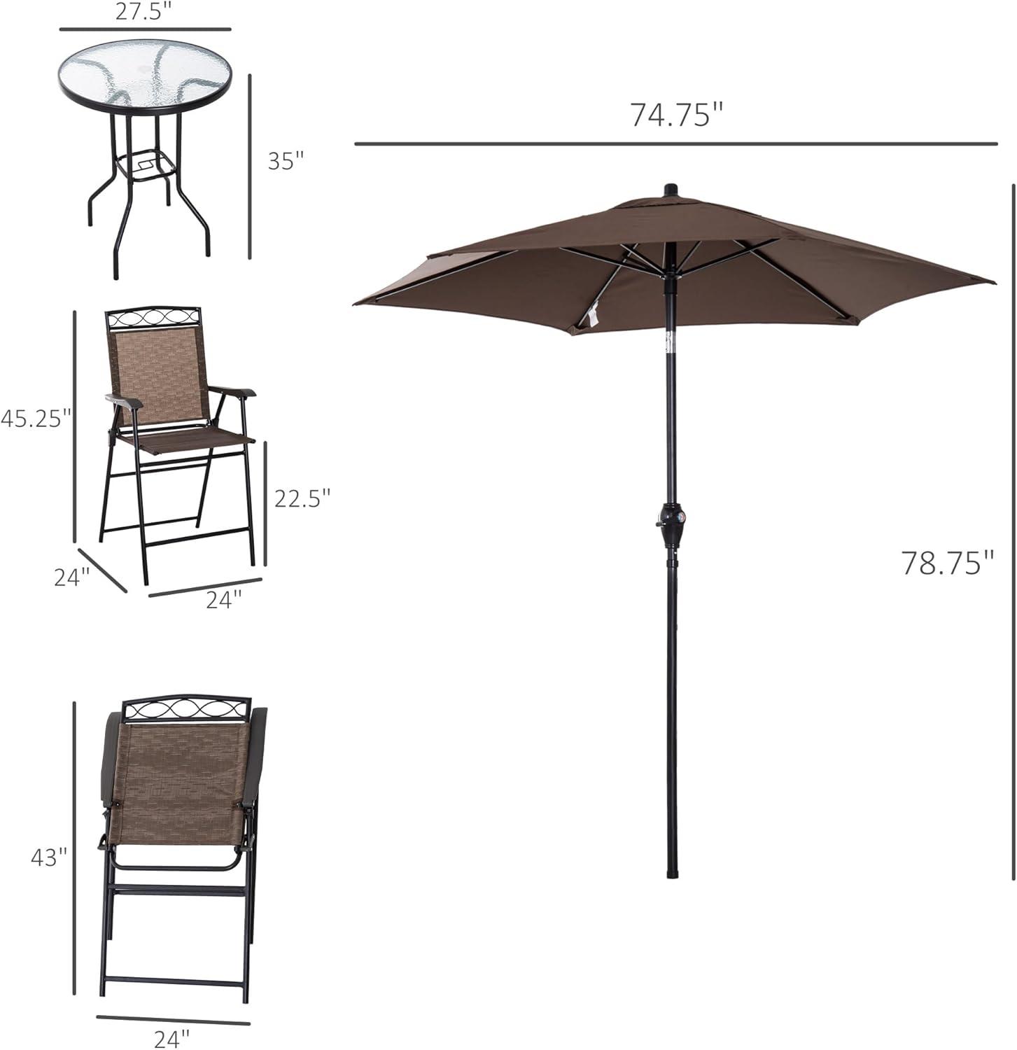 Outsunny 4 Piece Patio Bar Set for 2 with 6' Adjustable Tilt Umbrella, Outdoor Bistro Set with Folding Chairs & Glass Round Dining Table