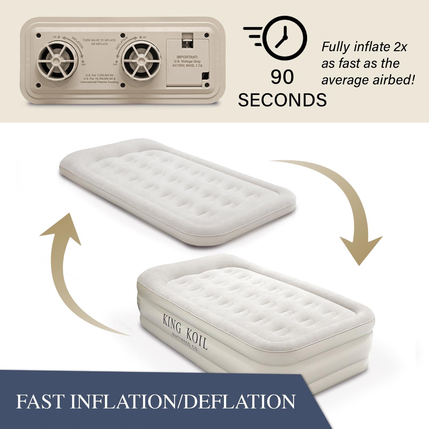 King Koil Plush Pillow Top Twin Air Mattress with Built-in High-Speed Pump for Camping, Home & Guests - 20” Twin Size Airbed Luxury Inflatable Blow Up Mattress, Waterproof, 1-Year Warranty.