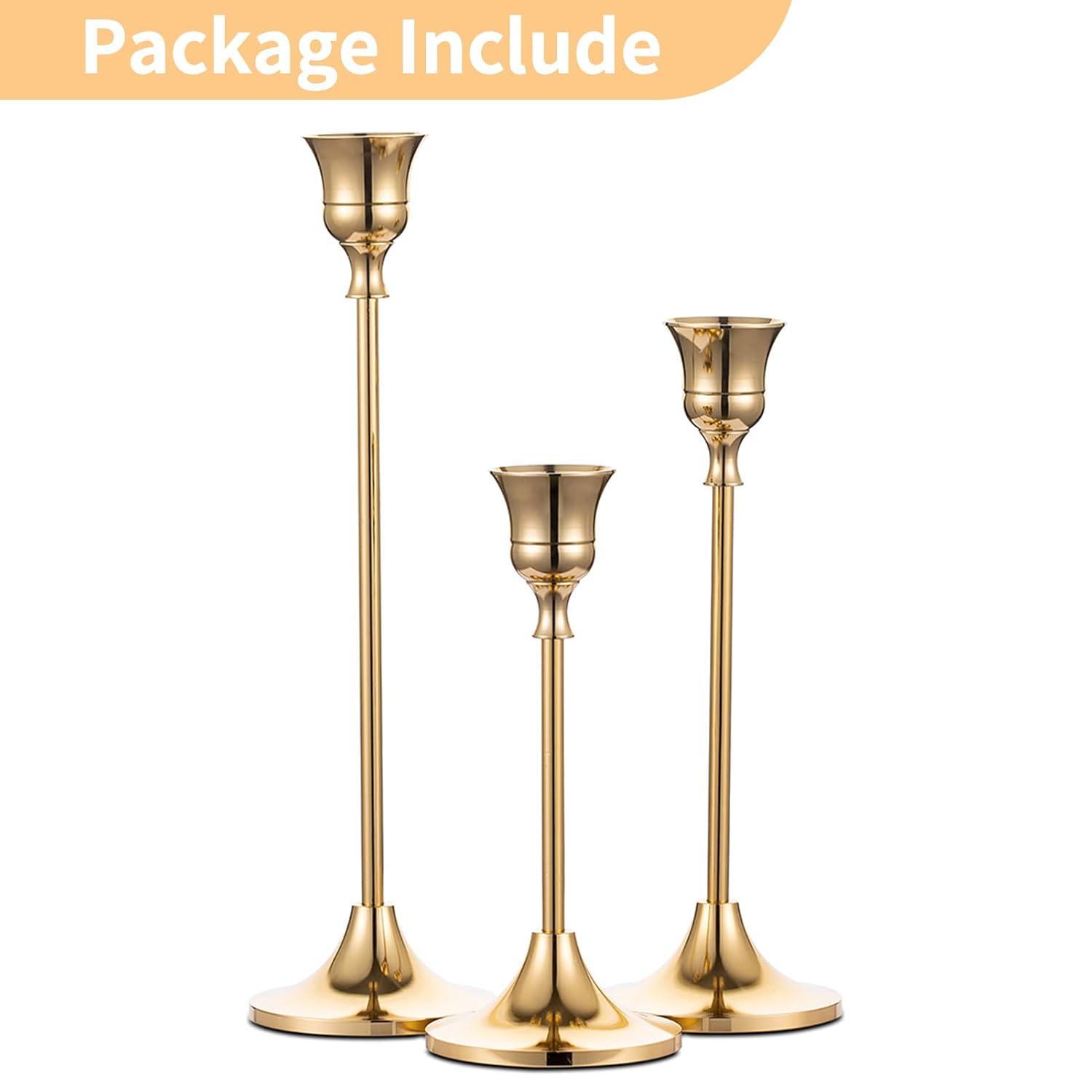 Candlestick Holders Taper Candle Holders, Set of 3 Candle Stick Holders Set, Brass Gold Candlestick Holder Set, Vintage Modern Decorative Centerpiece for Table Mantel Wedding Housewarming Gift