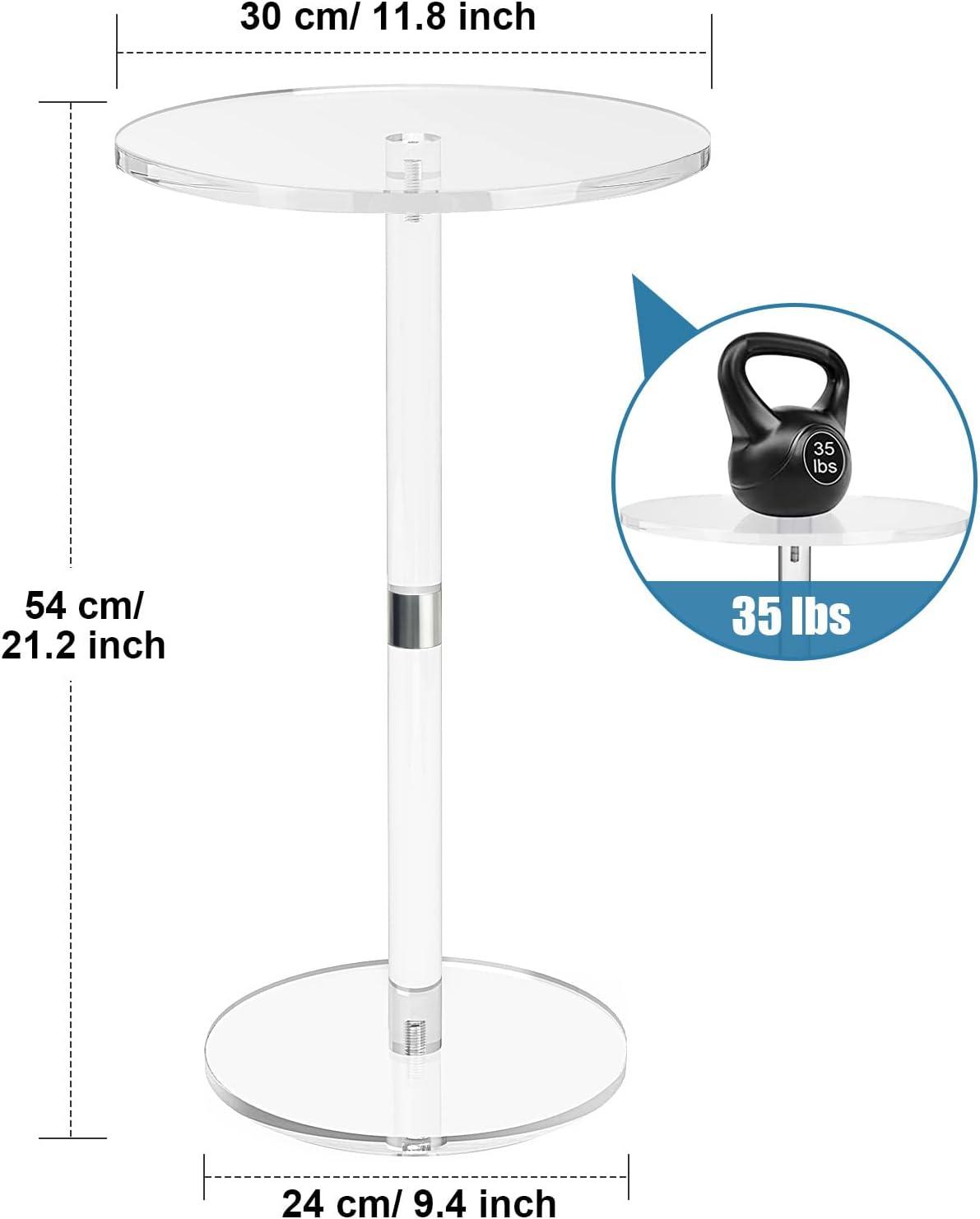 Acrylic End Table, Clear Side Tables for Small Space, 9.8" Round Modern Drink Table for Living Room, Bedroom, Bathroom, Office, Outdoor, Business, Sturdy and Easy to Install