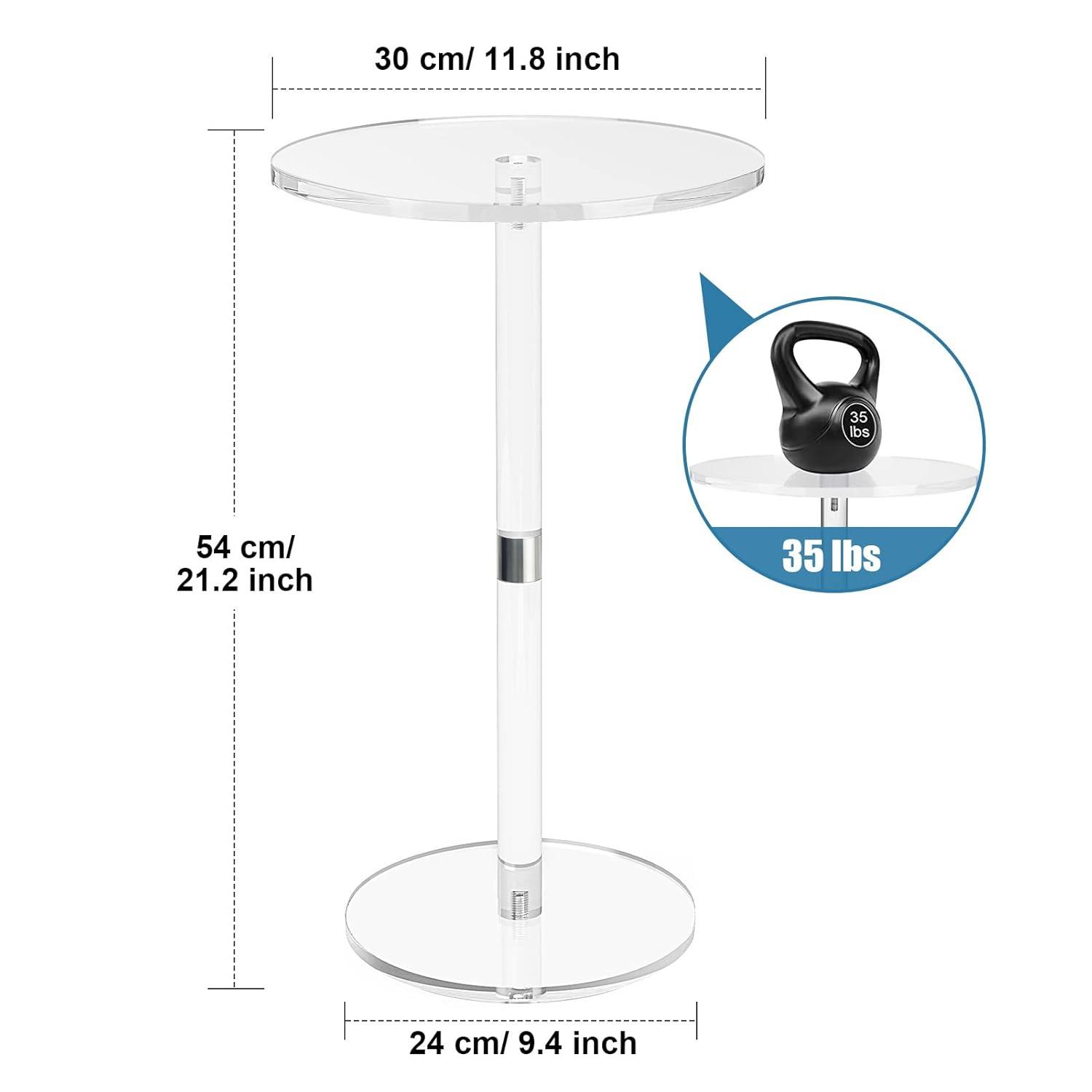 Acrylic End Table, Clear Side Tables for Small Space, 9.8" Round Modern Drink Table for Living Room, Bedroom, Bathroom, Office, Outdoor, Business, Sturdy and Easy to Install