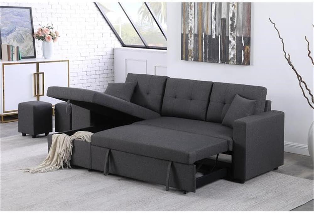 Lilola Home Linen Reversible Sleeper Sectional Sofa with Chaise Stools, Gray