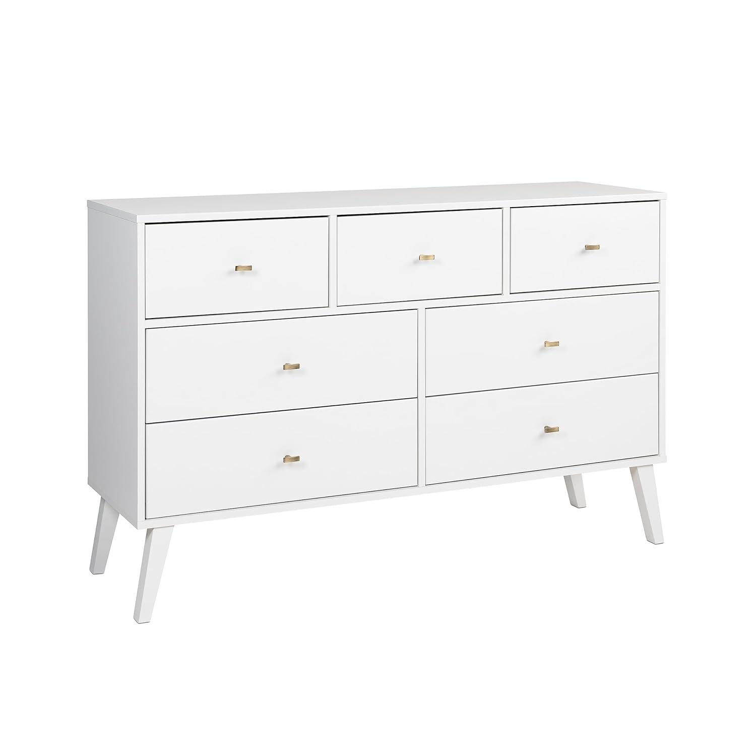 Prepac 7 Drawer Milo Mid-Century Modern Dresser White: Laminated, Metal Glides, MDF Composite